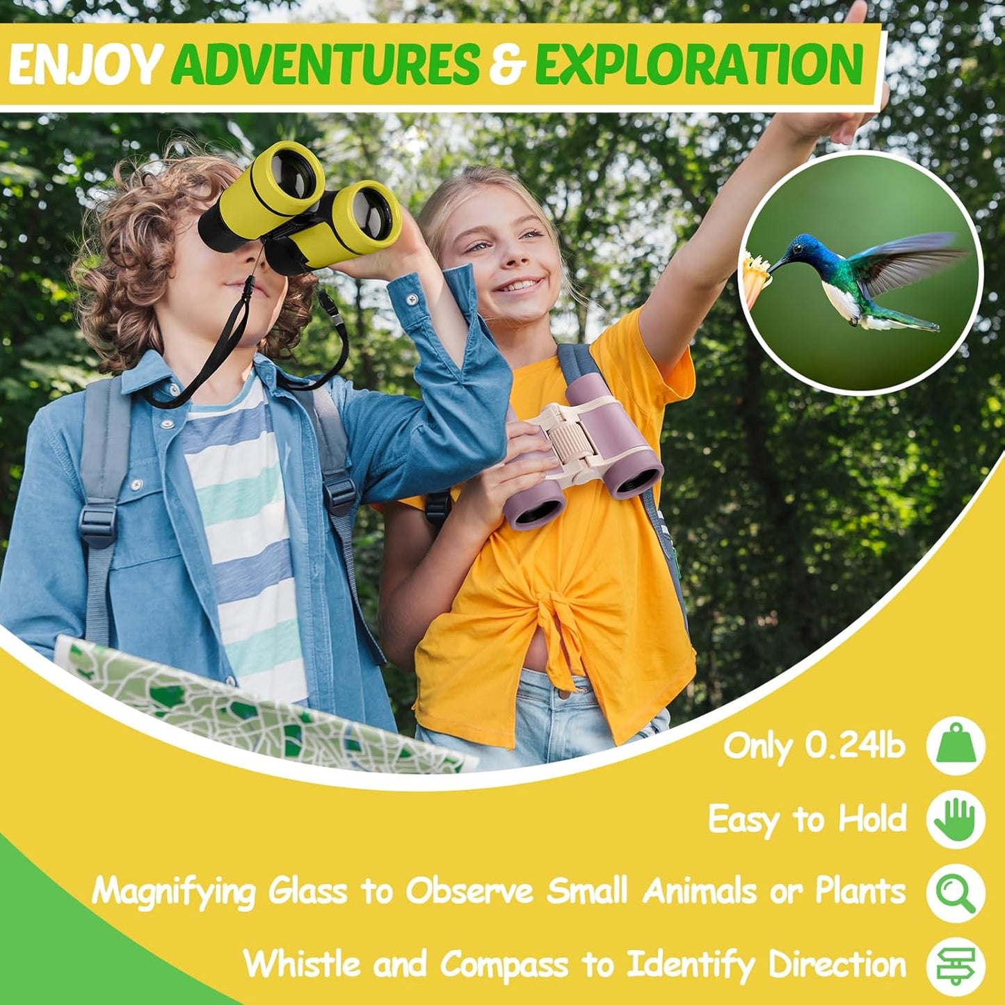Binoculars for Kids, Kids Binoculars Toys for 3 4 5 6 7 8 Years Boys and Girls, Set with Magnifying Glass & Compass - Birthday Gifts Outdoor Toy for Kid Ages 3-8 Toddler Camping (Yellow)