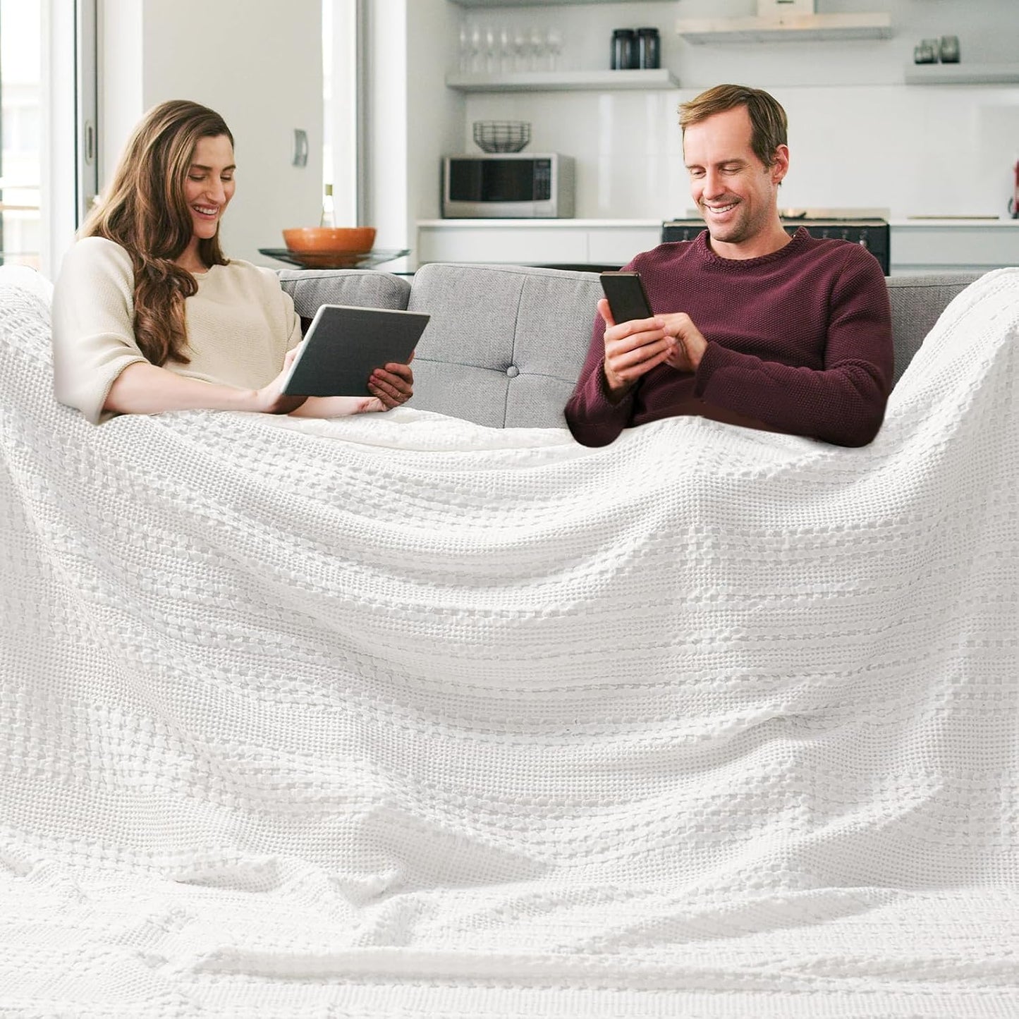 PHF 100% Cotton Waffle Blanket Oversized King 120"x120", Lightweight Breathable Extra Large 10'x10' Summer Blankets for Bed, Giant Big Luxury Aesthetic Woven Bedding for Home Decor, White