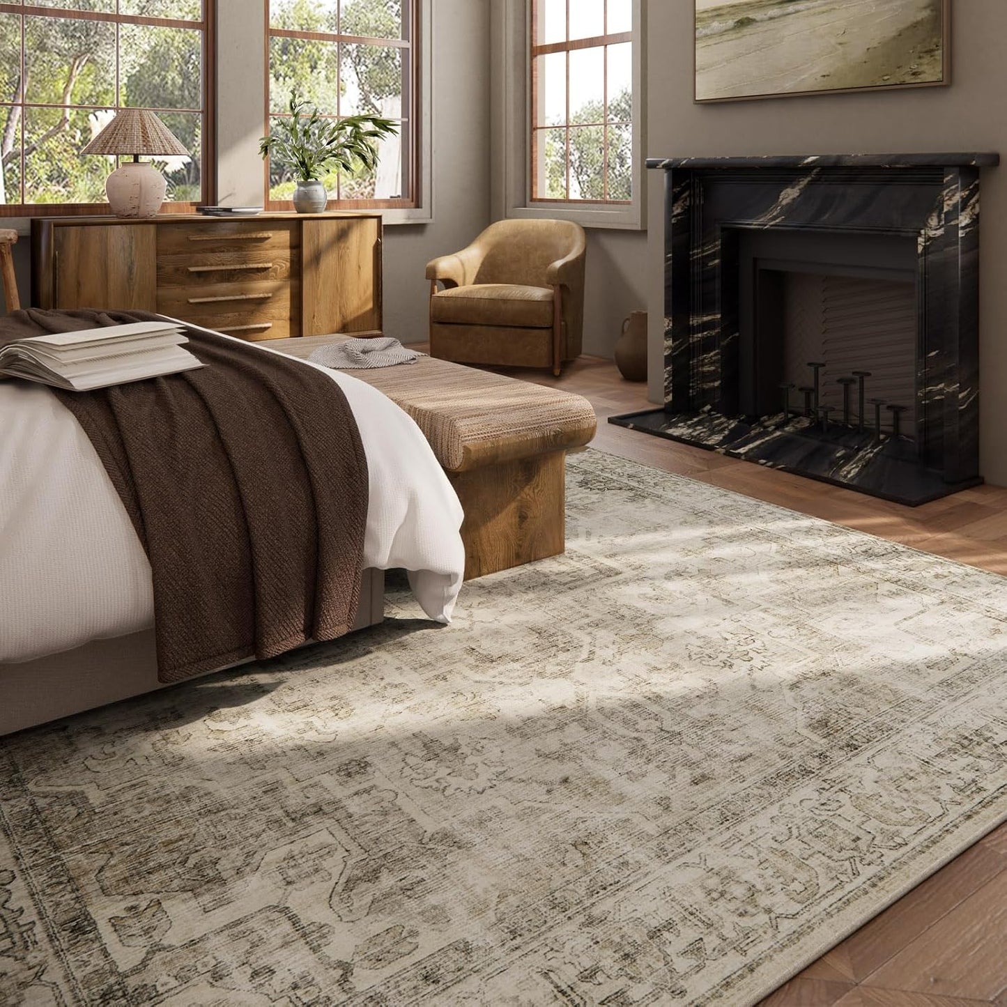 Washable Area Rugs for Living Room: 5x7 Bedroom Area Rugs Boho Vintage Rugs Stain Resistant Non Slip Low Pile Soft Lightweight Carpet for Kitchen Dining Room Farmhouse Nursery Kids Room Home Office