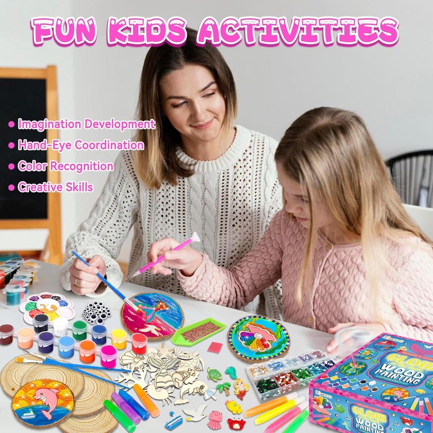 klmars Mermaid Themed Wooden Painting Kit-Glow in The Dark-Arts & Crafts Gifts for Kids Girls Ages 6-12-Wood Slice Craft Activities Kits -Mermaid Art Toys for Kids Christmas Gifts