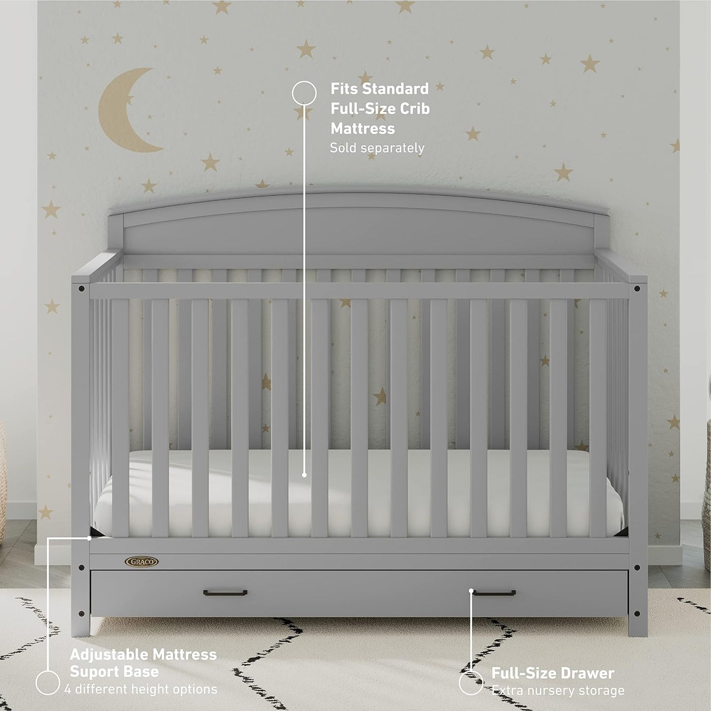Graco Benton 5-in-1 Convertible Crib with Drawer (Pebble Gray) -Converts from Baby Crib to Toddler Bed, Daybed and Full-Size Bed,Fits Standard Full-Size Crib Mattress, Adjustable Mattress Support Base