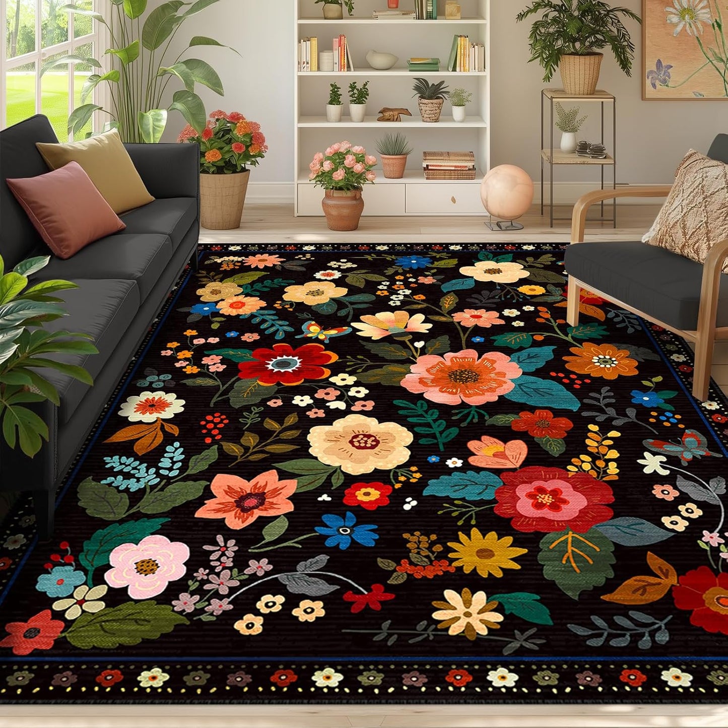 Floral 8x10 Area Rug Machine Washable Soft Print Boho Carpet Non Slip Doormat Low Pile Flower Area Rugs for Living Room Bedroom Nursery Kitchen Dining Room Indoor-Black