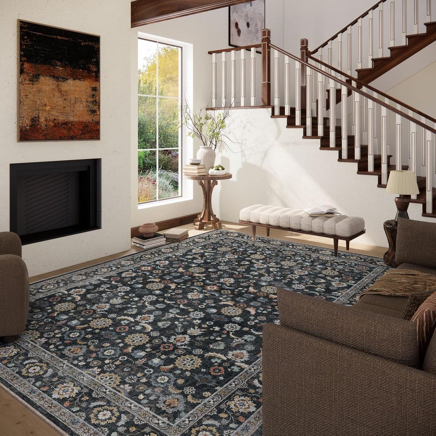 Washable Area Rugs for Living Room: 8x10 Bedroom Rug Vintage Boho Area Rug Stain Resistant Non Slip Low Pile Lightweight Soft Carpets for Living Room Dining Room Kitchen Nursery Kids Room Farmhouse