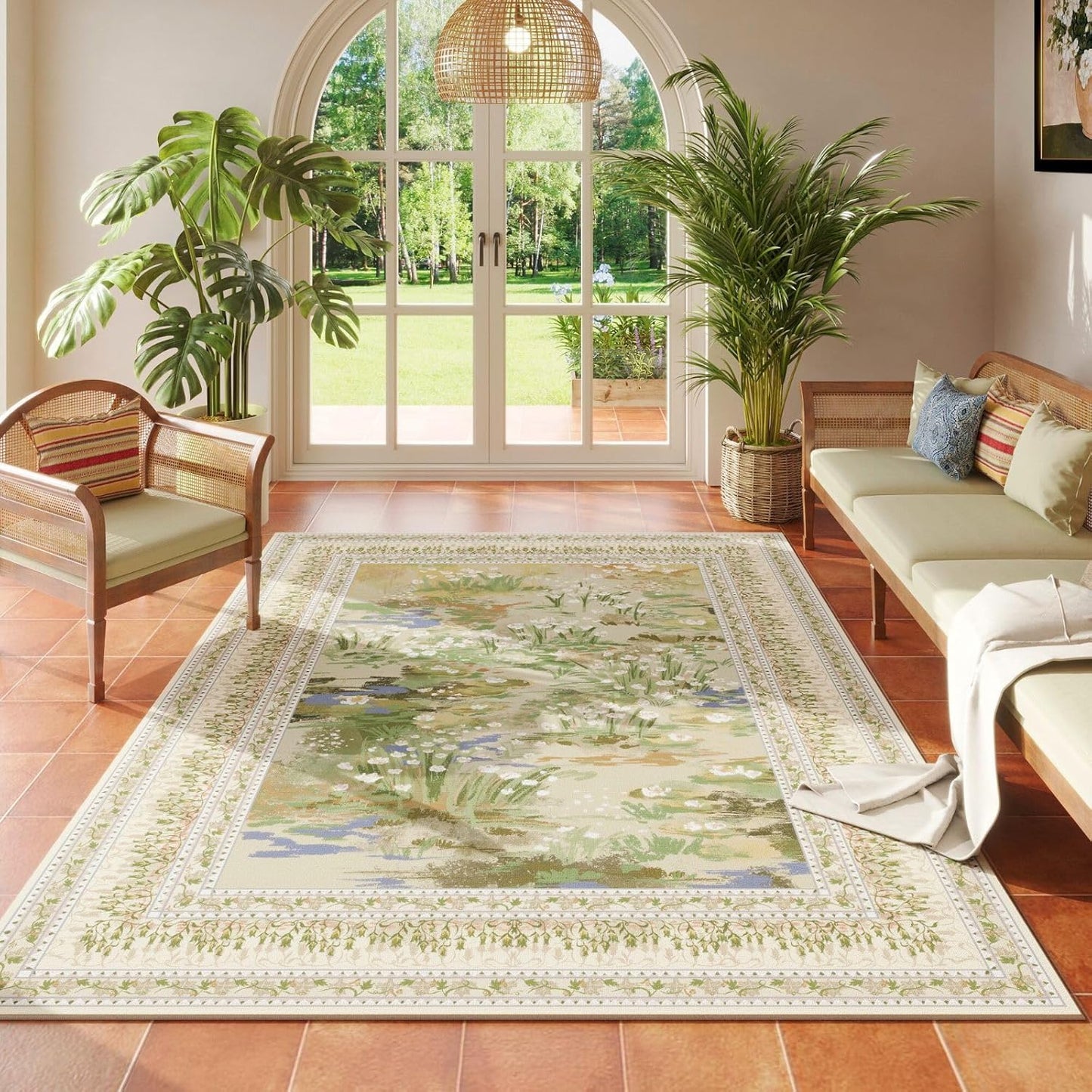 4x6 Rug for Bedroom Impressionist-Style Vintage Washable Rugs Non Slip Low Pile Small Carpet for Bedside Kids Room Office Dining Room, Beige