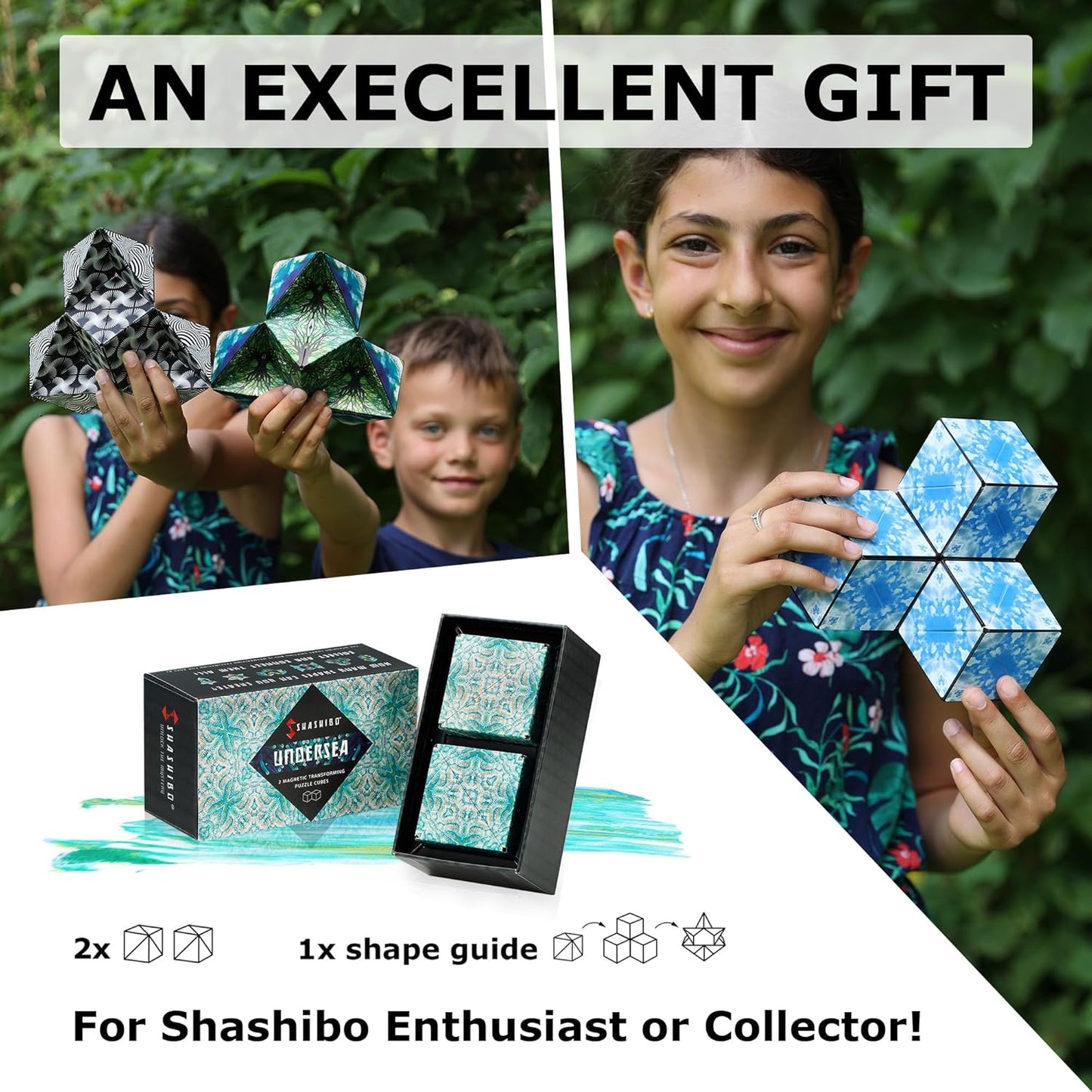 SHASHIBO Shape Shifting Box - Award-Winning, Patented Fidget Cube w/ 36 Rare Earth Magnets - Transforms Into Over 70 Shapes, Gift Box, Download Fun in Motion Toys Mobile App (Undersea, 2 pack)