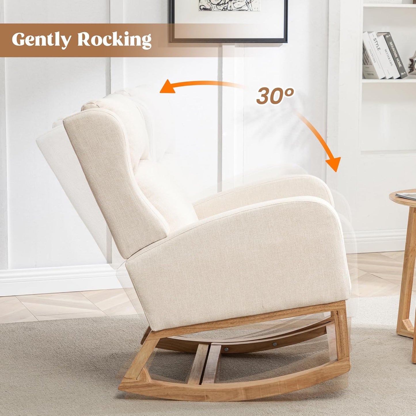 Rocking Chair Nursery, Nursing Rocking Chairs for Mom Nursery, Comfy Wingback Glider Rocking Armchair with Foot Rest and Side Pocket for Nursery Living Room Bedroom, Beige