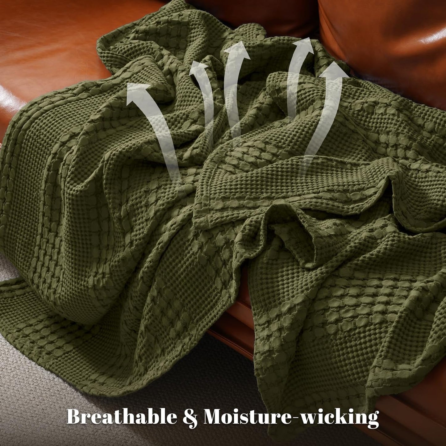 PHF 100% Cotton Waffle Weave Blanket Queen Size, Soft Lightweight Breathable Cozy Summer Blankets for Bed, Luxury Aesthetic Woven Bedding for Home Decor, 90"x90", Capulet Olive