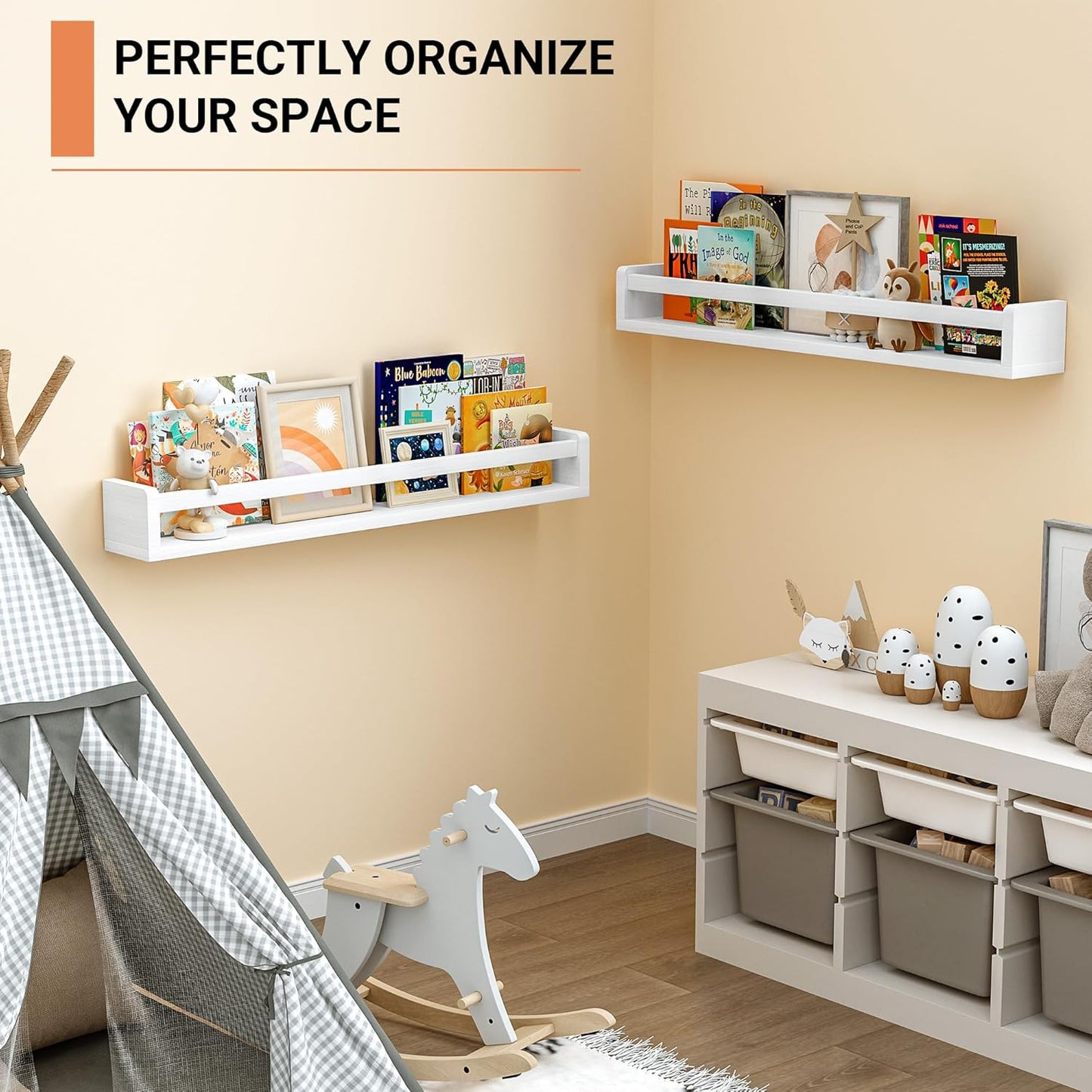 Heimlove Nursery Floating Shelves, White Nursery Book Shelves for Wall, 32 inch Wall Bookshelf for Kids Solid Wood Wall Mounted Shelves for Books,Toys and Decor Storage, Set of 3