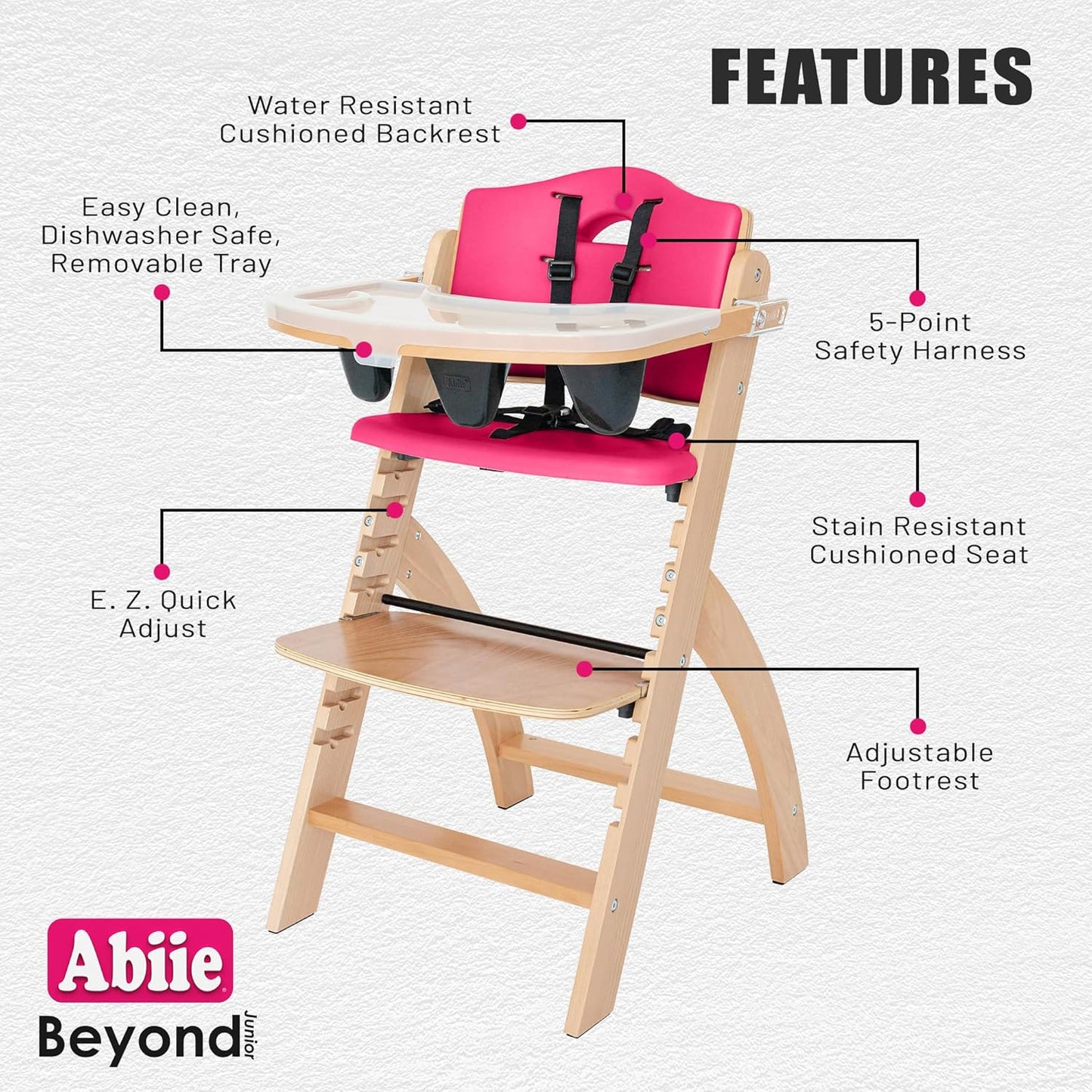 Abiie Beyond Junior Wooden High Chair with Tray - Adjustable and Convertible High Chair for Babies and Toddlers - 6 Months to 250 Lb - Water Resistant - Natural Wood/Raspberry Cushion