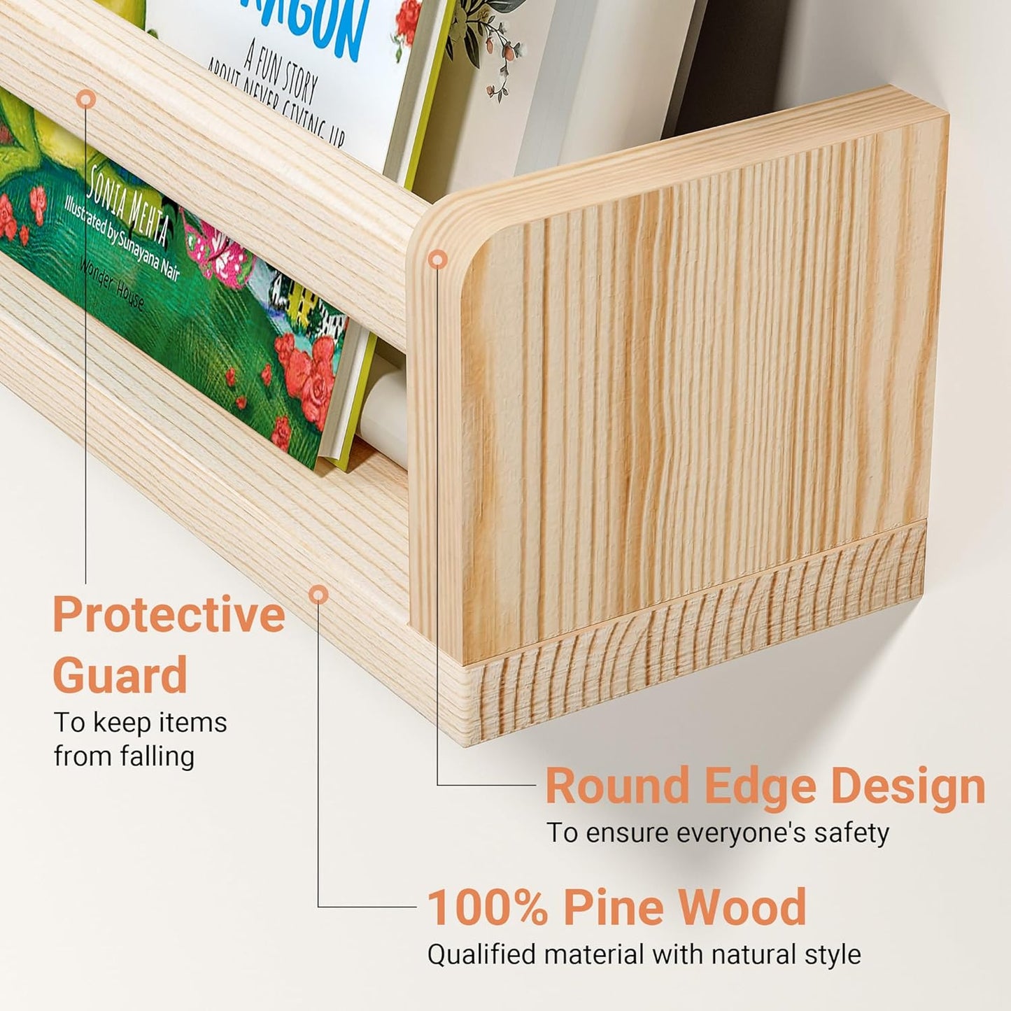 Heimlove Nursery Floating Shelves, Wood Nursery Book Shelves for Wall, 16 inch Wall Bookshelf for Kids Solid Wood Wall Mounted Shelves for Books,Toys and Decor Storage, Set of 3