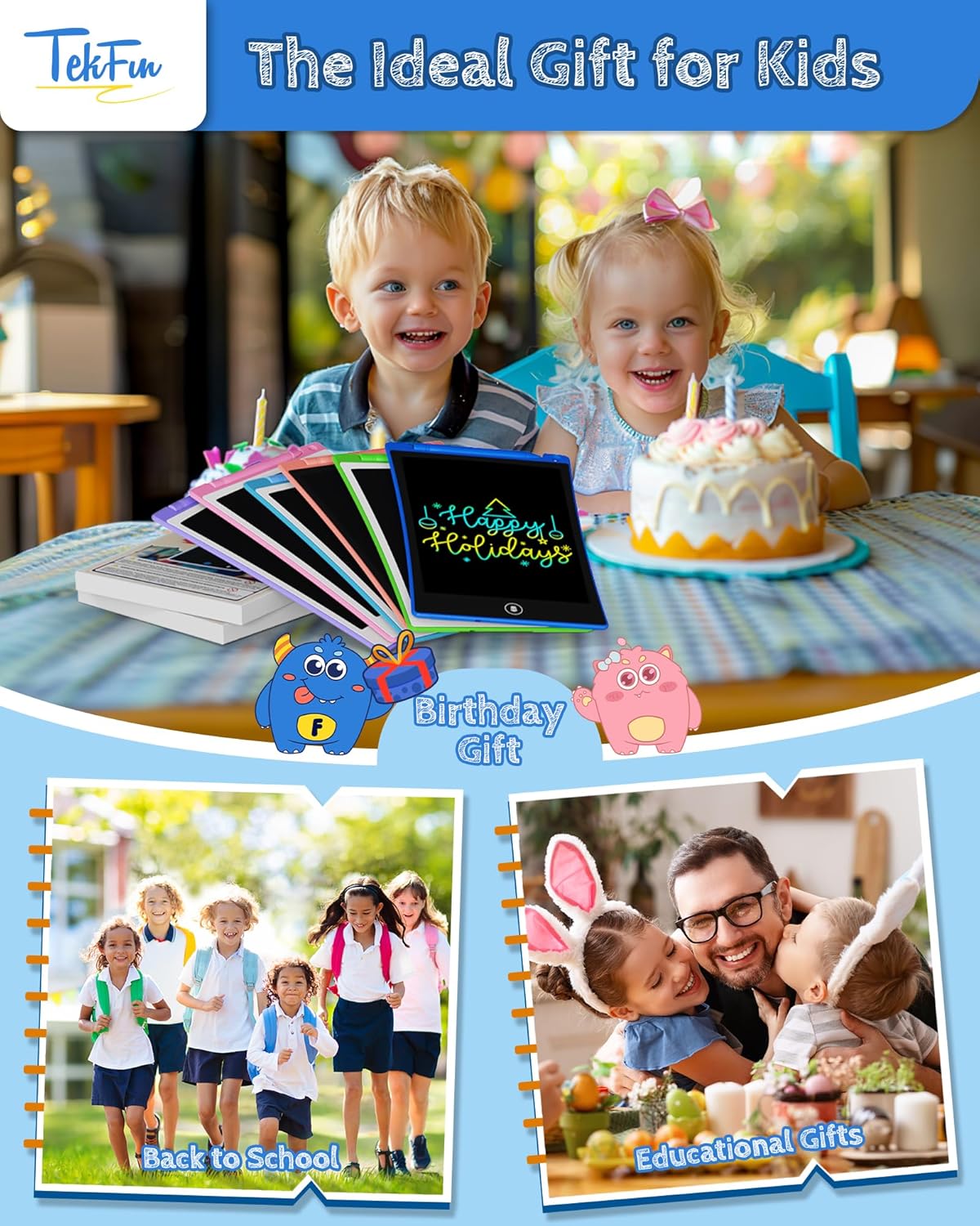 TEKFUN Toys for Kids, 2 Pcs LCD Writing Tablet with Anti-Lost Stylus, 10in Erasable Doodle Board Reusful Drawing Pad for Kids, Travel Car Trip Learning Toys Christmas Birthday Gift for 3 4 5 6 7 Girls