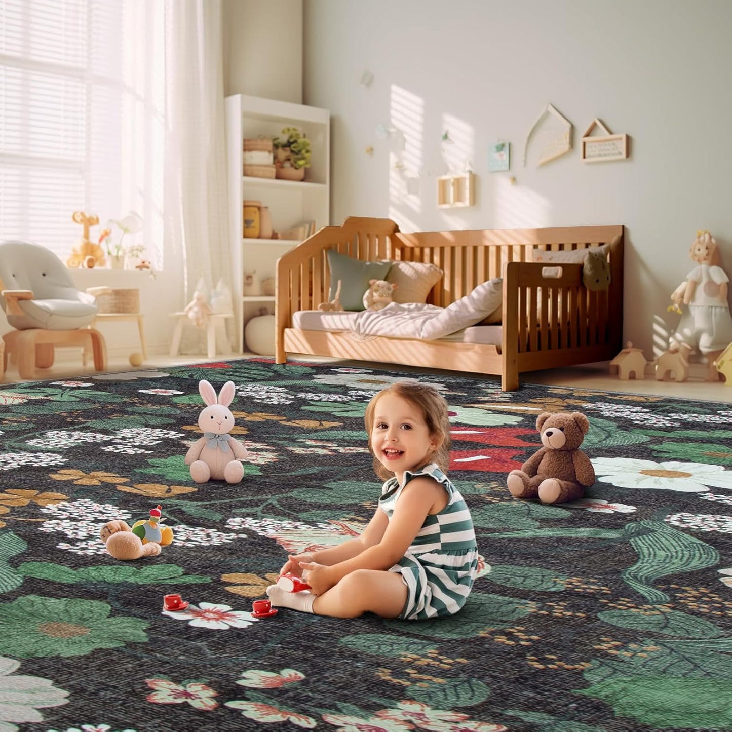 8x10 Area Rug for Living Room: Vintage Floral Washable Rug Soft Boho Non Slip Carpet Large Indoor Floor Non Shedding Low Pile Thin Carpets for Bedroom Dining Room Farmhouse Nursery Home Office Green