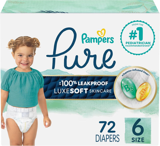Pampers Baby Diapers - Pure Protection - Size 6, 72 Count, for up to 100% Leakproof, Premium Plant-based Skin Protection