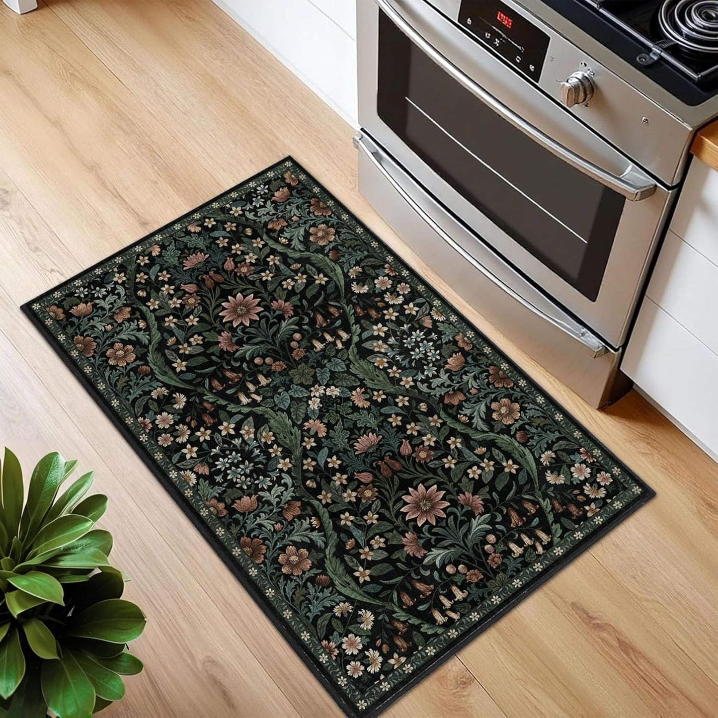 Floral 2x3 Entryway Rug,Washable Front Door Mat Indoor Non Slip Low Pile Small Carpet, Soft Black Boho Botanical Throw Rug for Bathroom Bedroom Kitchen Laundry Indoor Entrance