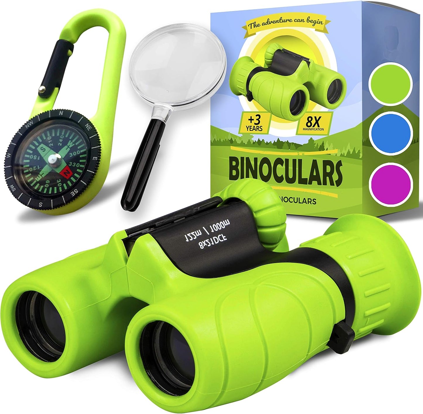 Promora Binoculars for Kids, Set with Magnifying Glass & Compass Purple - Perfect Toy for Little Boys and Girls, Kids Binoculars for 3-12 Years Boys and Girls Present for Toddler