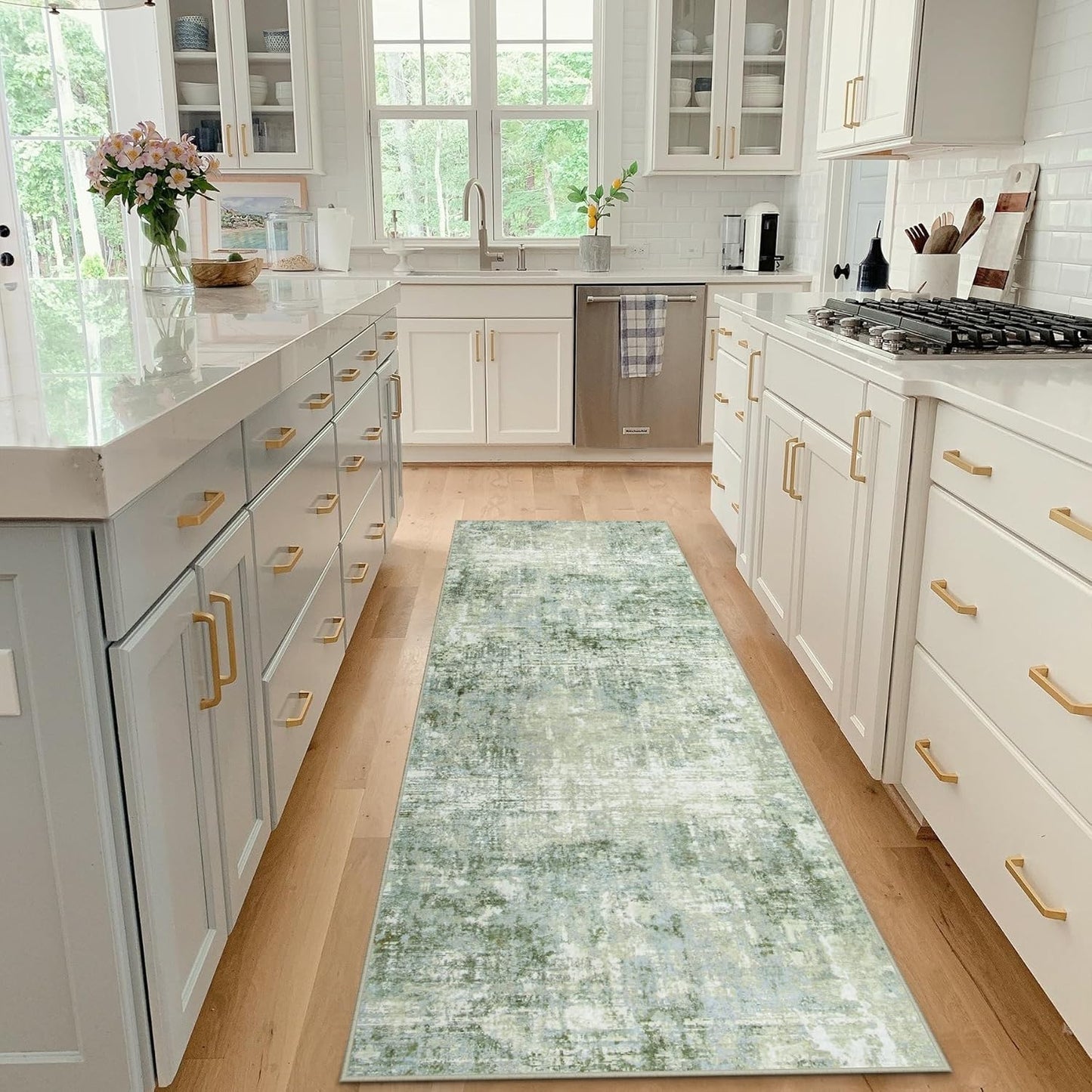 Runner Rug for Hallways Kitchen 2'6"x8' Washable, Non Slip Carpet 8ft Area Rugs Entryway Rubber Backed 8 Feet Neutral Abstract Modern Low Pile Indoor Green