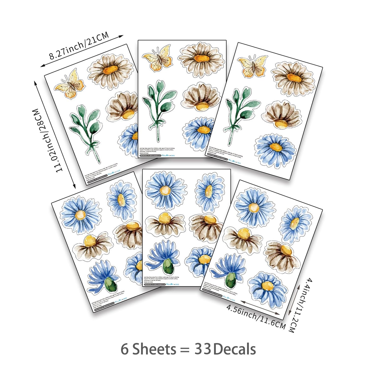 YouRfocus Blue Daisy Wall Decals | 33 PCS Boho Flower Stickers for Girls' Rooms, Playrooms, and Nurseries | Dual Layer Print for High Coverage | Removable Peel and Stick Wall Decor | 6 Sheets