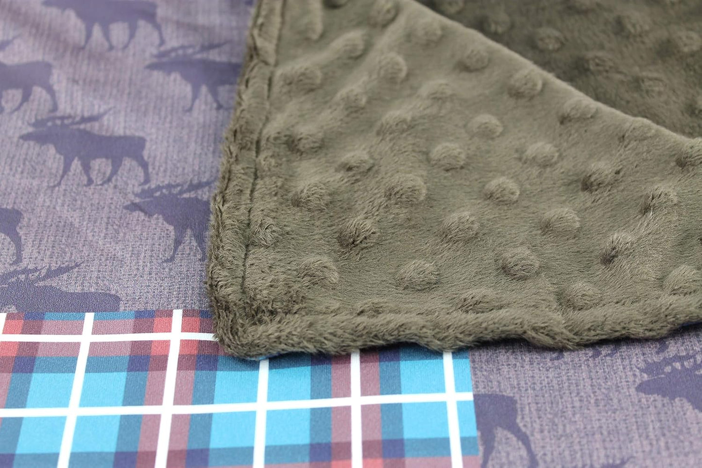 Top Tots “Woodland Animals Collection” Minky Baby Blanket, Moose, Bear and Deer Heads, Orange, Brown and Blue, Checkerboard Pattern, 29 Inches by 39 Inches