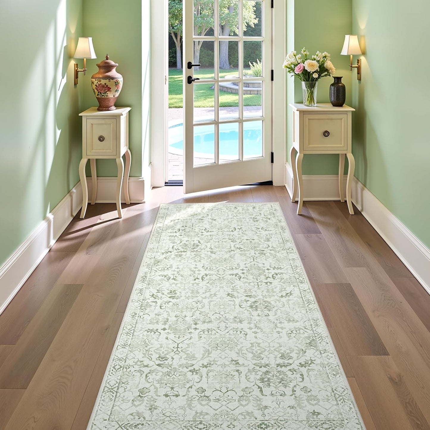 Sage 3x7 Runner Rug for Hallways Bed Side Kitchen, Boho Washable Distressed Low-Pile Floor Entryway Long Bathroom Mat, Non-Slip Laundry Room Washstand Front Carpet Green 36x84 Inch