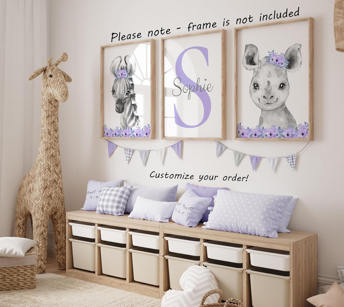 Safari Animals Girls Nursery Bedroom Unframed Set of 3 Poster Prints, Personalized Name Pink or Purple Flowers Wall Art Decor New Baby Gift Present, Elephant Giraffe Panda Zebra Lion (11x14)
