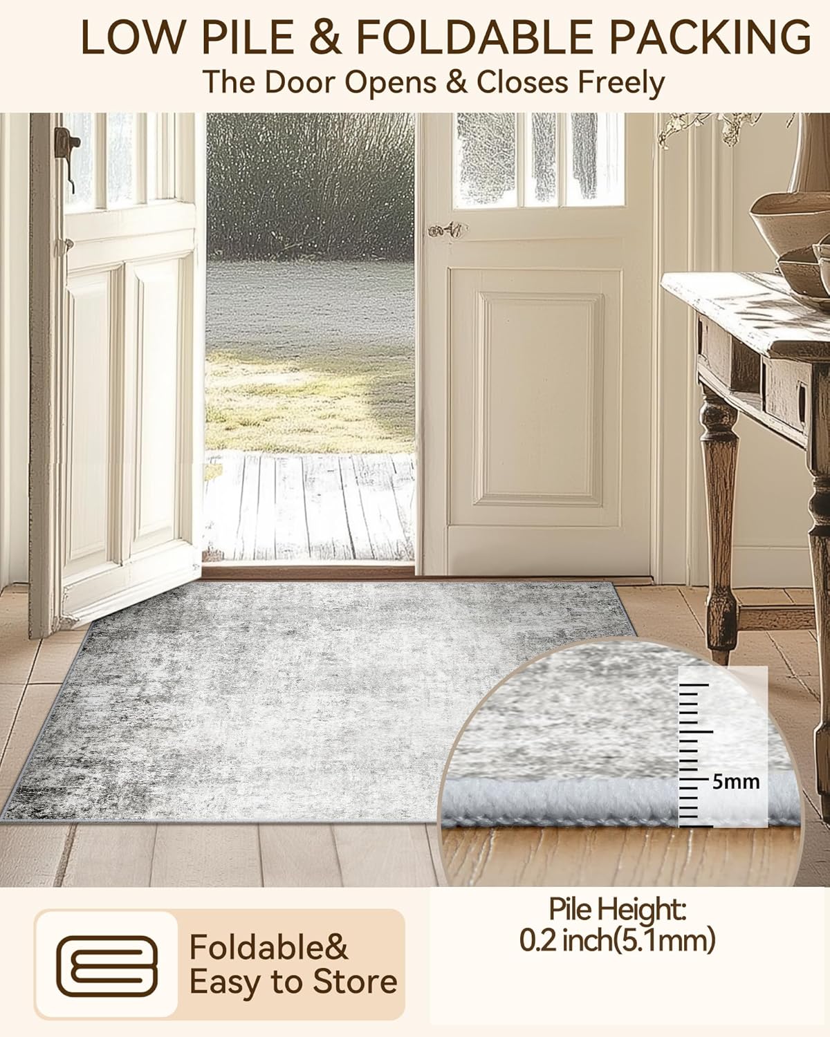 Washable Area Rugs 8'x10' Non-Slip Modern Abstract Soft for Living Room Entryway Bedroom Nursery, Print Pattern, Gray White Grey