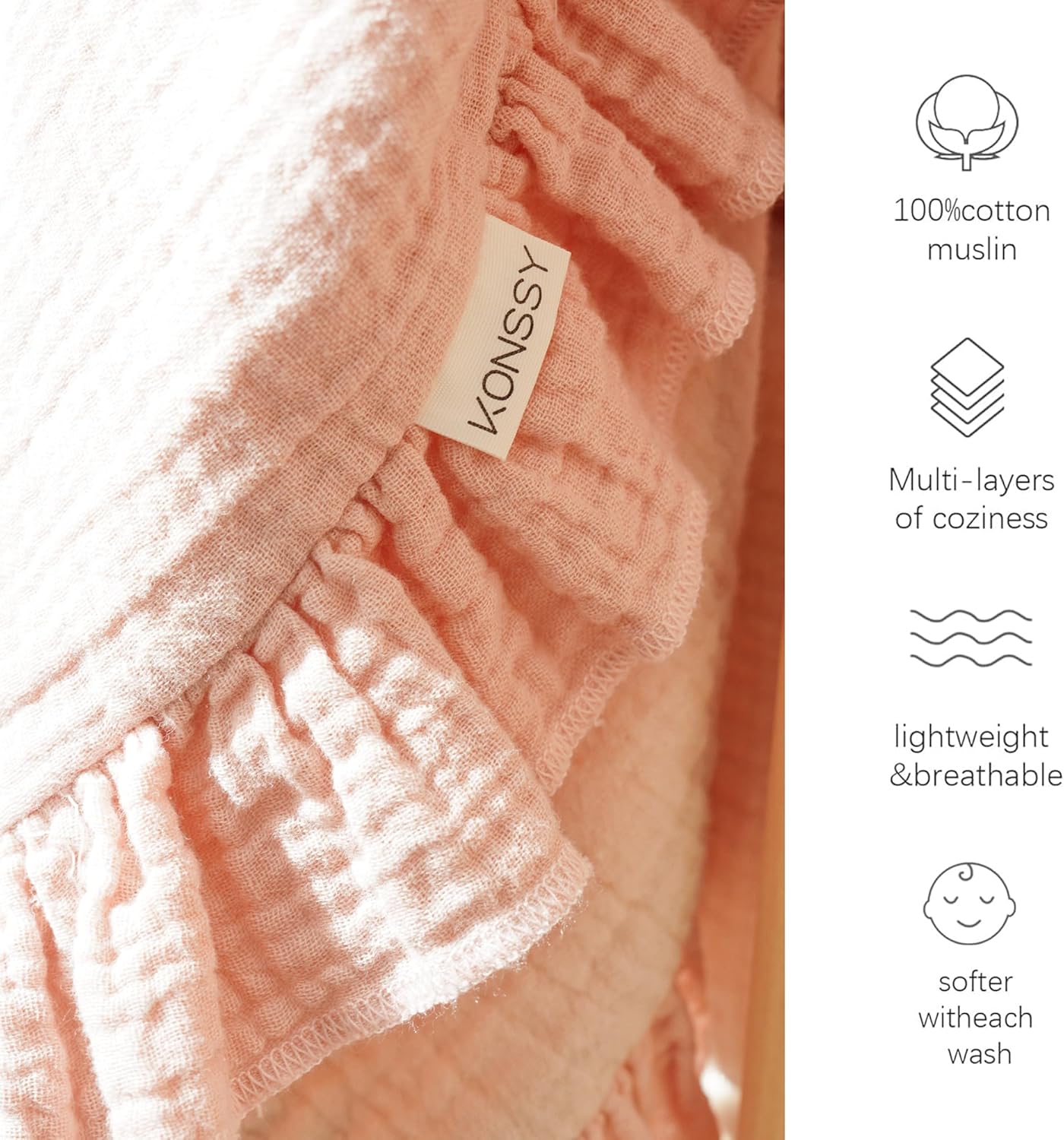 Konssy Flounce Muslin Baby Blankets, Cotton Crib Blanket for Baby Infant Toddler, Super Soft and Lightweight Nursery Blankets 40"x36" (Pink)