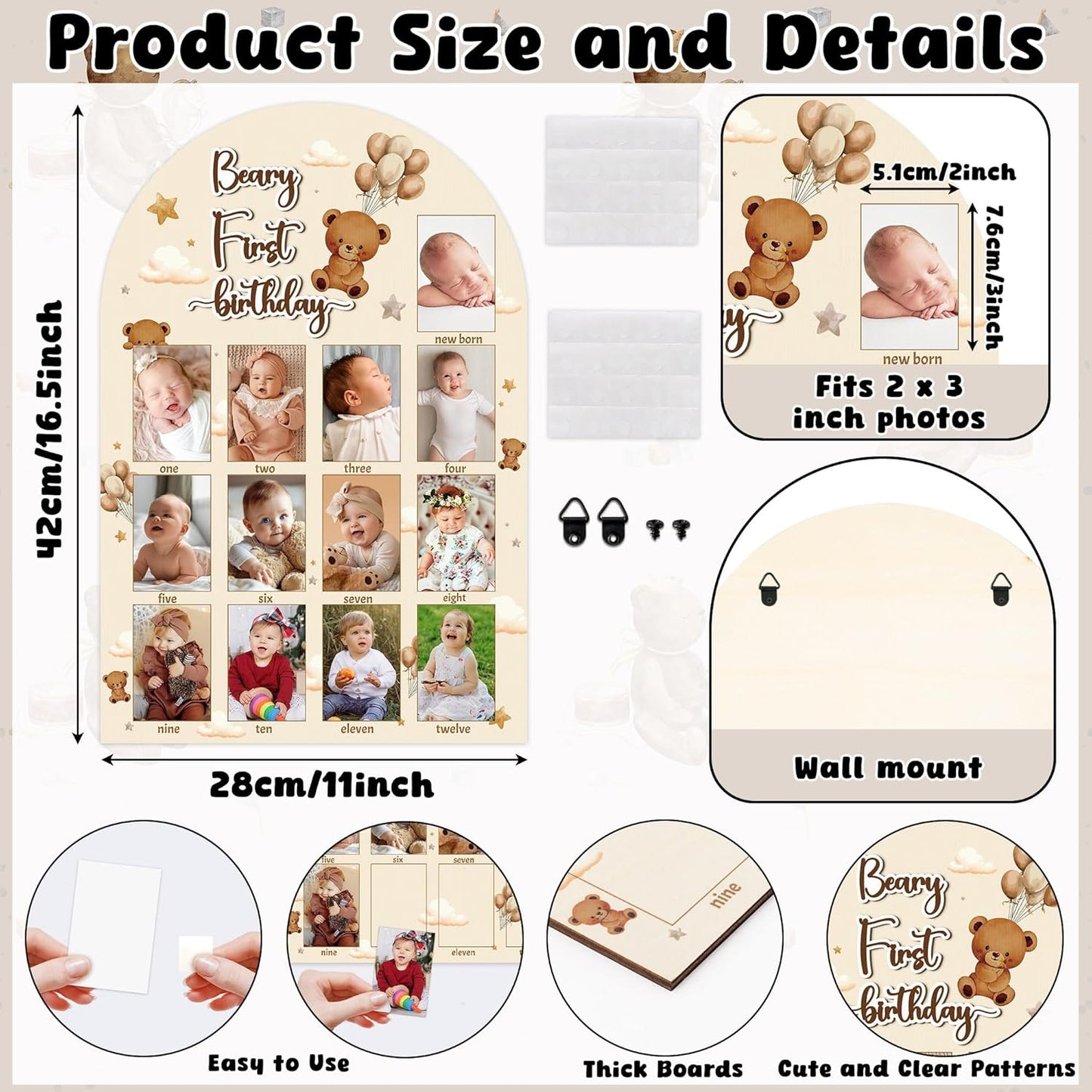 R HORSE My First Year Photo Display Wood Board - 3D Brown Bear Baby's First Year Picture Frame, 12 Months Beary Milestone Board Neutral Baby Keepsake Gift 1st Birthday Nursery Decor for Boy Girl