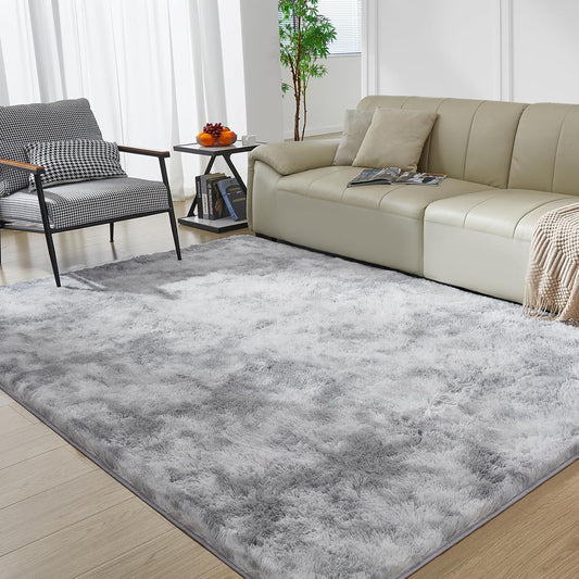 Ultra Soft Rug for Living Room, 3X5 Fluffy Shag Area Rug for Bedroom, Modern Shaggy Carpets Fuzzy Rug for Teens Dorm Nursery Home Decor Aesthetic, Upgrade Anti-Skid Durable, Tie-Dyed Light Grey