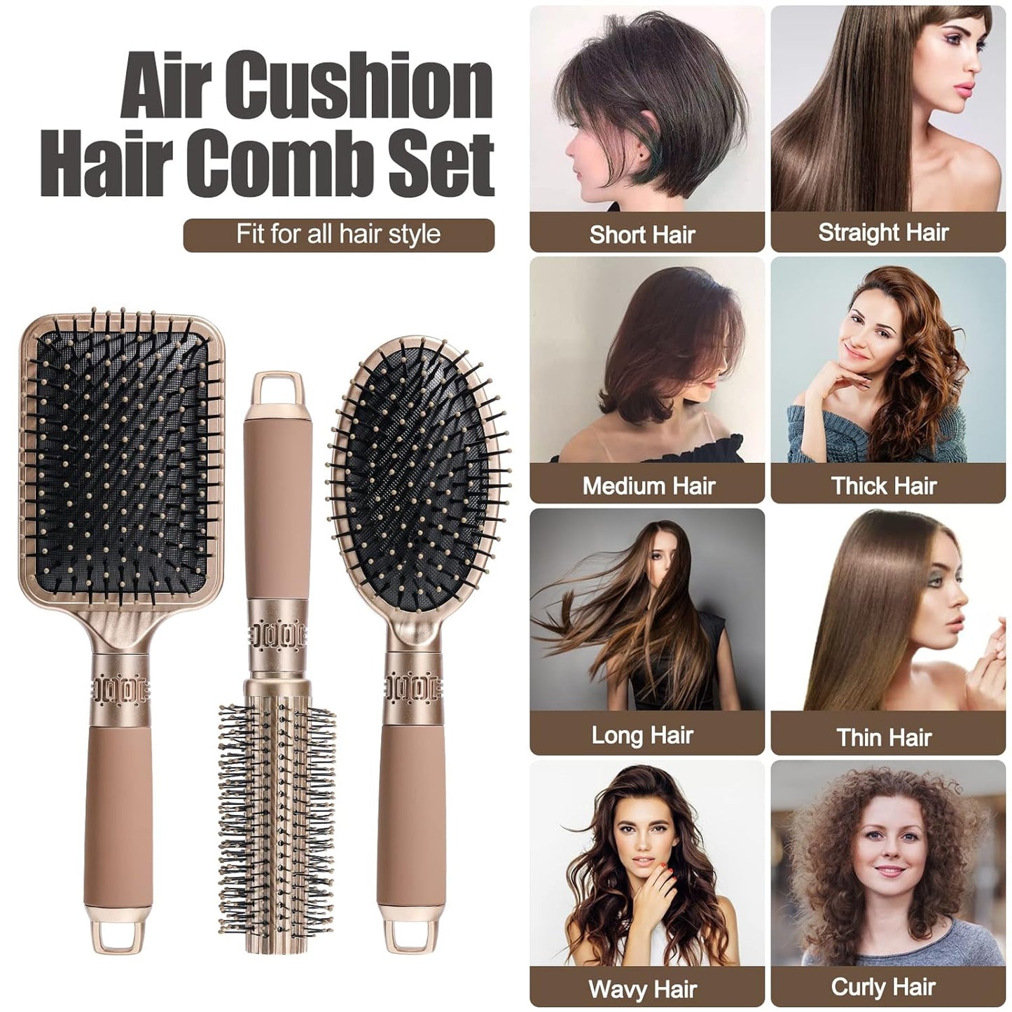 NVTED Hair Brush Set with Detangling Nylon Pins Massage Paddle Brush Cushion Hair Combs Hair Dryer Brush for Women Men Kids Girls (GOLD)