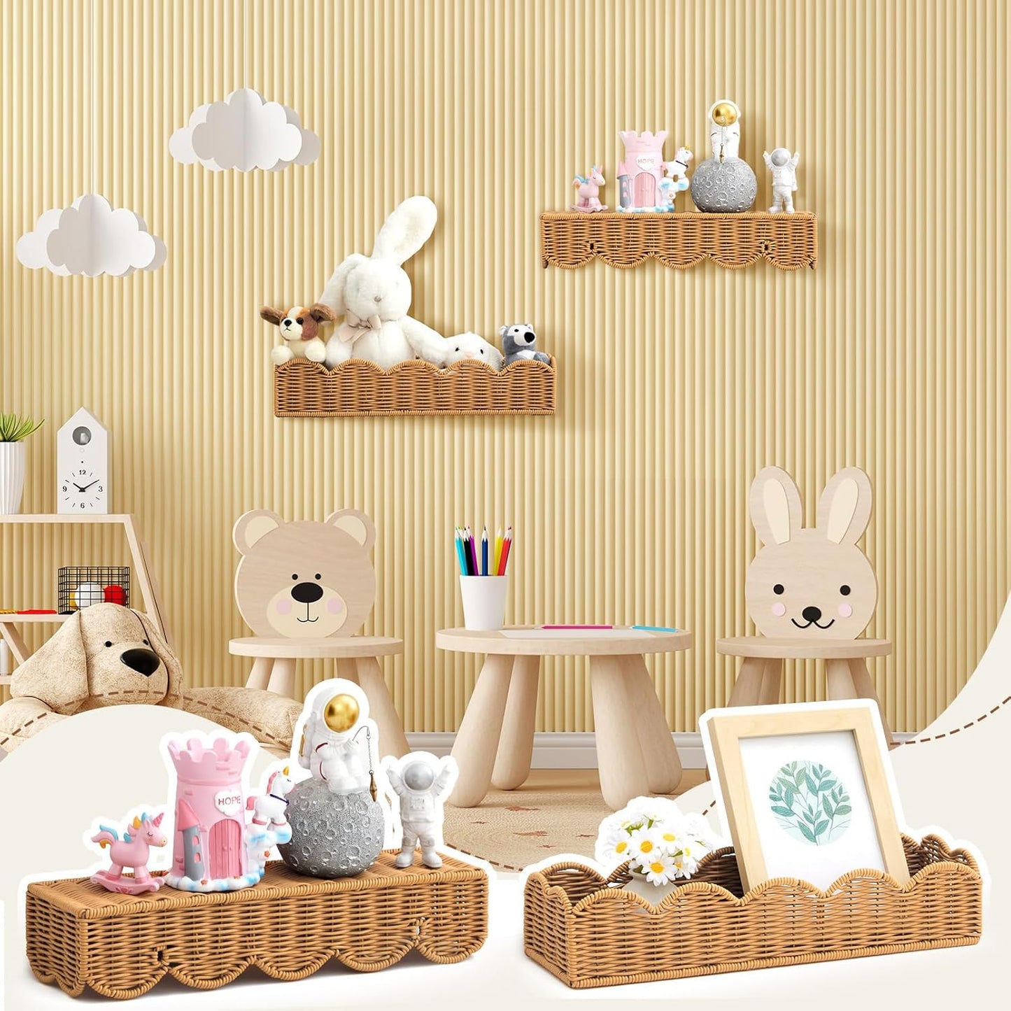 Pinkunn 3 Set Nursery Book Shelves Scalloped Rattan Wall Shelf 15.8 x 3.2 Inch Wall Mounted Plastic Floating Book Shelve, Hanging Boho Wicker Woven Shelf for Nursery Decor and Storage (Natural Wood)