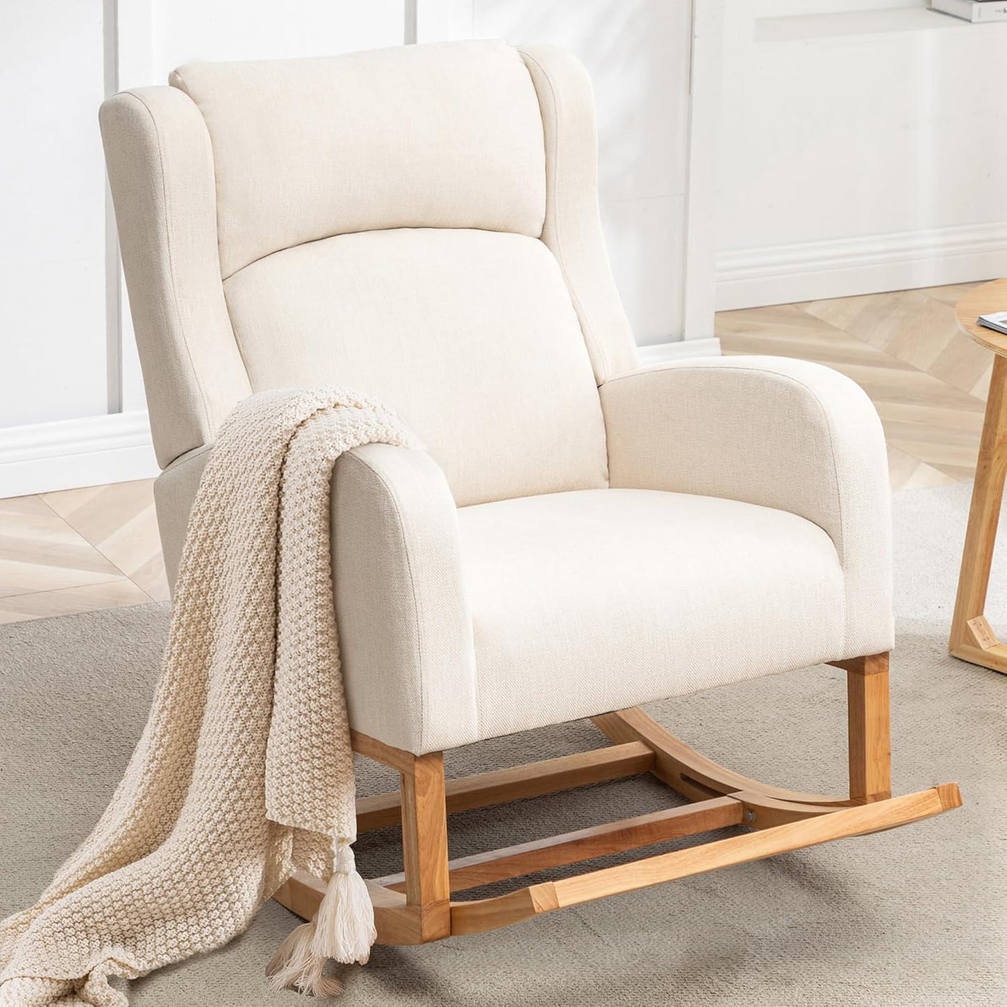 Rocking Chair Nursery, Nursing Rocking Chairs for Mom Nursery, Comfy Wingback Glider Rocking Armchair with Foot Rest and Side Pocket for Nursery Living Room Bedroom, Beige