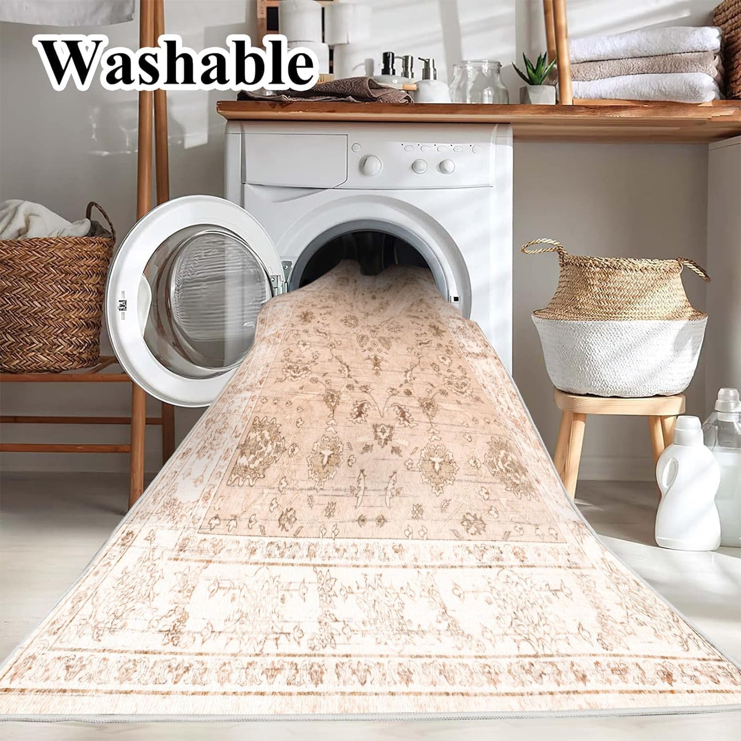 5x7 Washable Foldable Thin Area Rug Tangerine Vintage Rug Traditional Floor Cover Retro Indoor Distressed Non Slip Carpet Floral Print Bedroom Living Room Bathroom Mat