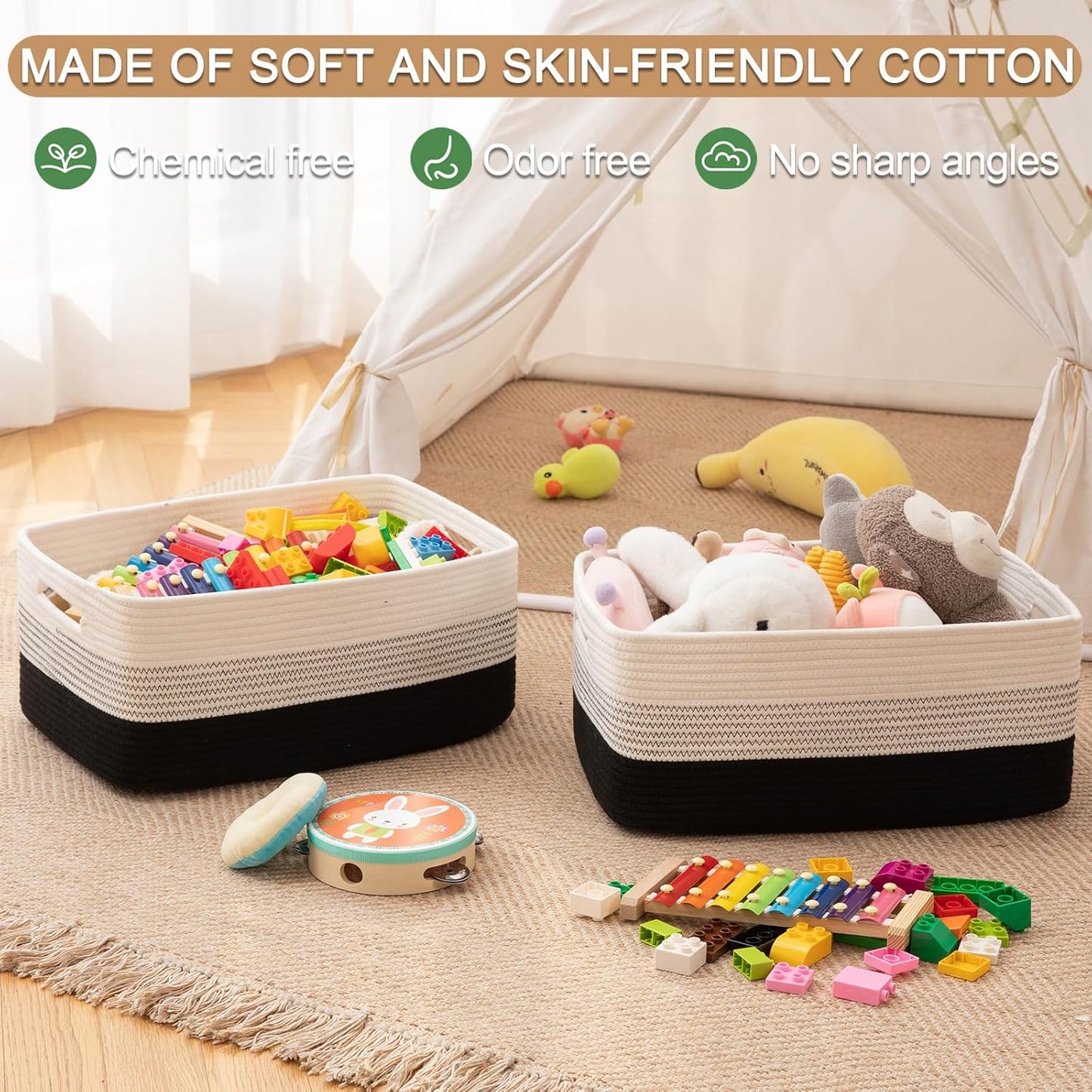 Large Storage Basket for Organizing, Woven Rope Basket for Shelves, Closet Organizer Bins for Clothes, Blanket, Toys, Baby Nursery Storage, 17.7" x 13" x 7.87", 2 Packs Gradient Black