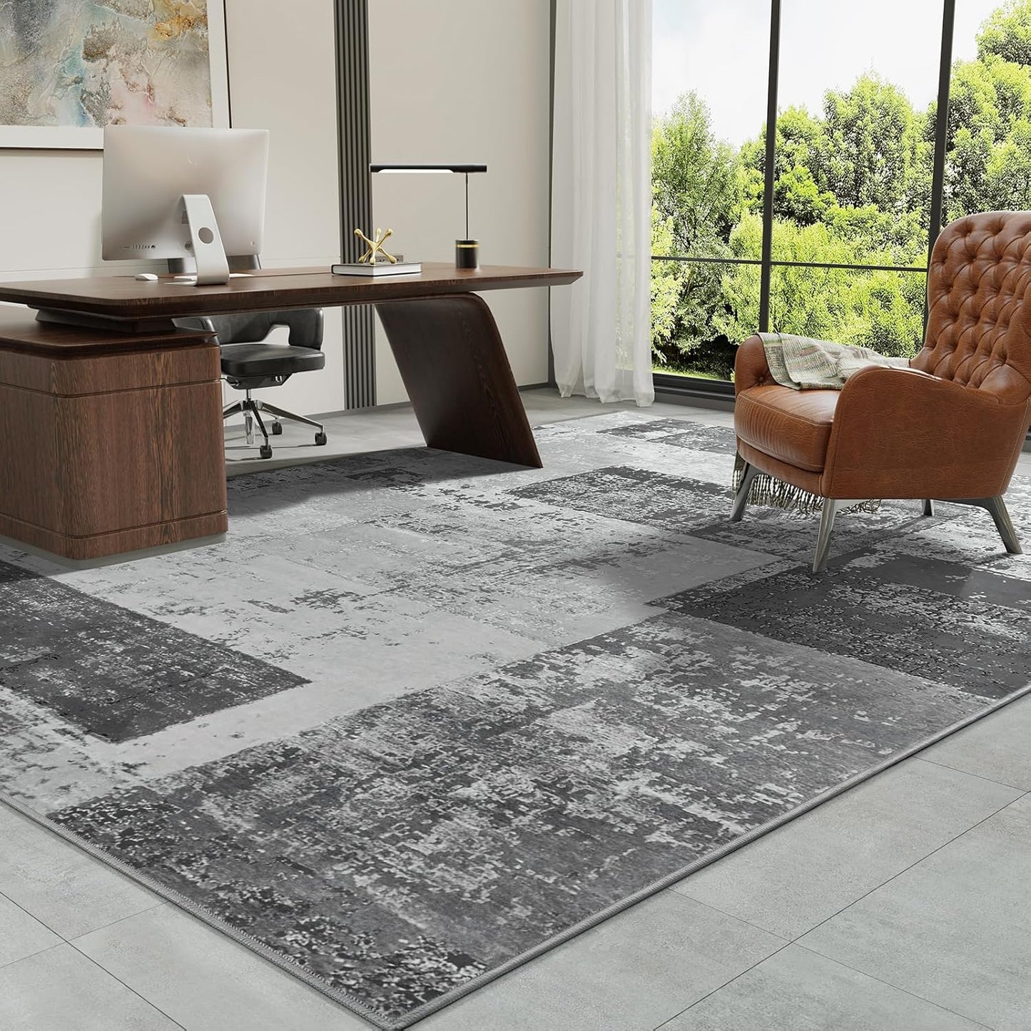 LOCHAS Rug for Living Room, Washable Soft Area Rugs for Bedroom 5x8, Abstract Carpet for Indoor Office Kids Dining Room Nursery Floor, Grey Geometric Vintage Home Decor, Non Slip, Pet Child Friendly