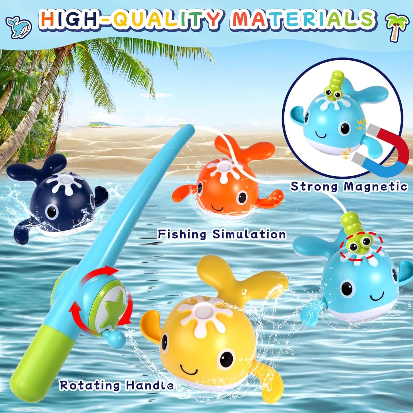 Baby Bath Toys Set, Wind Up Pool Toys for Toddlers 1-3, Kids Magnetic Fishing Toys with 1 Fishing Rod & 1 Net & 4 Brightly Colored Whales, Boys and Girls Birthday Gifts