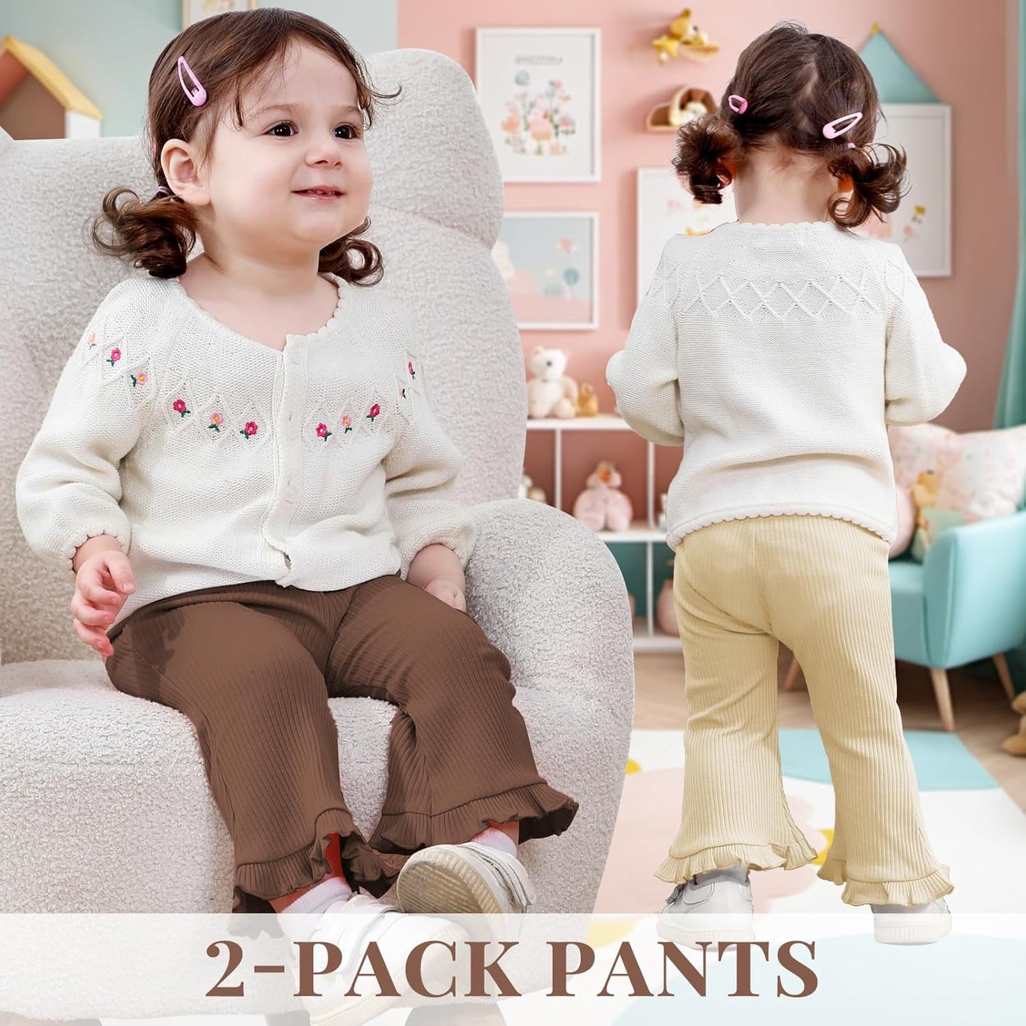 Neutocd Toddler Baby Girl 2-Pack Pants Bell Bottom Infant Baby Girl Solid Ribbed Cotton Leggings