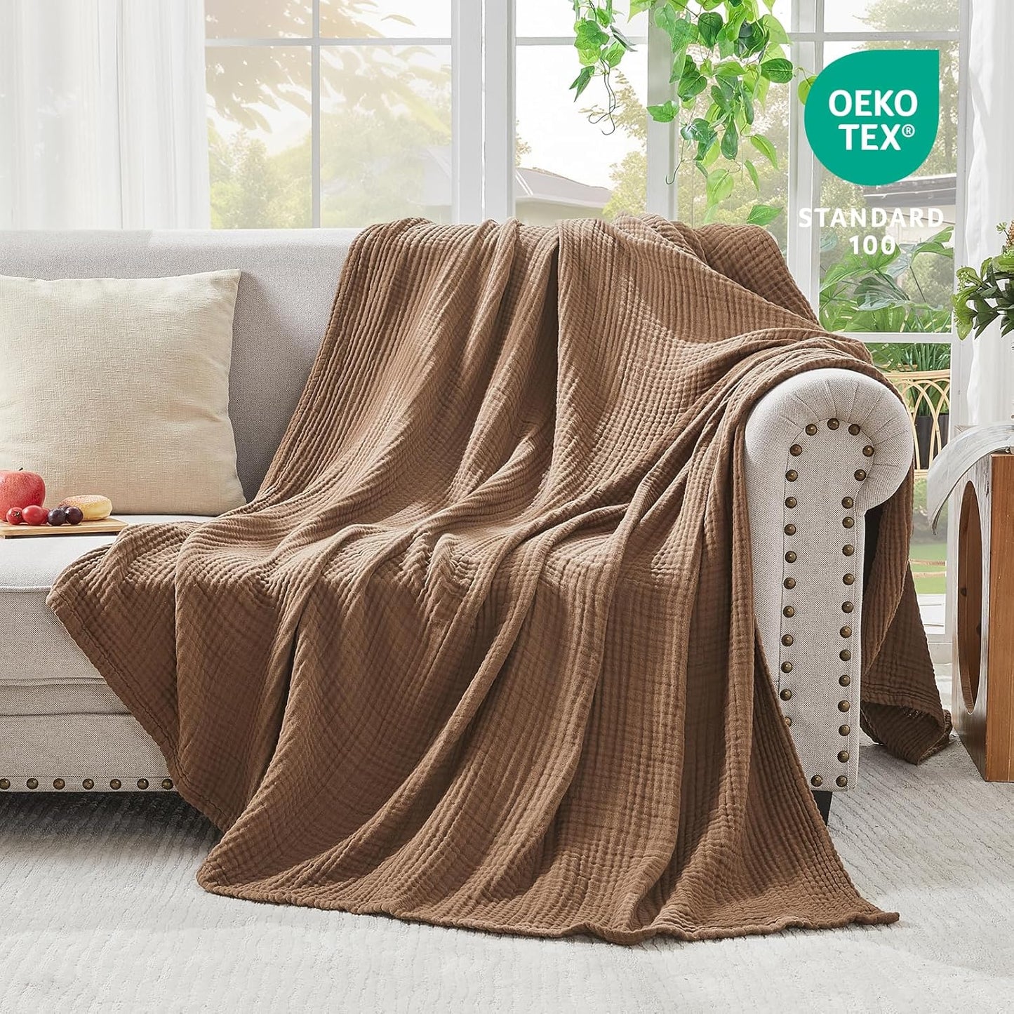 EMME Cotton Muslin Queen Blanket Bed Layering Breathable Gauze Blanket Soft Lightweight Blankets Adults (Brown, 90"x90")