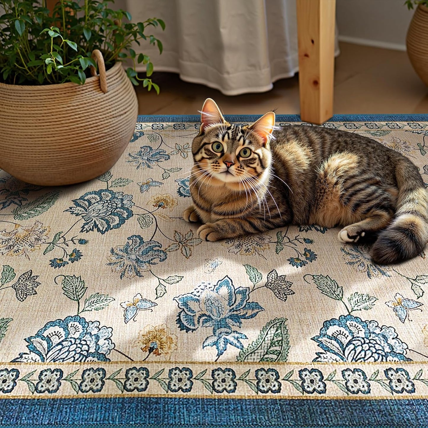 jinchan 2x3 Floral Rug for Entryway Washable Kitchen Rug Vintage Romance Design Small Mat Non Slip Indoor Doormat Lightweight Low-Profile Throw Carpet for Entrance Bathroom Laundry Room, Blue/Beige