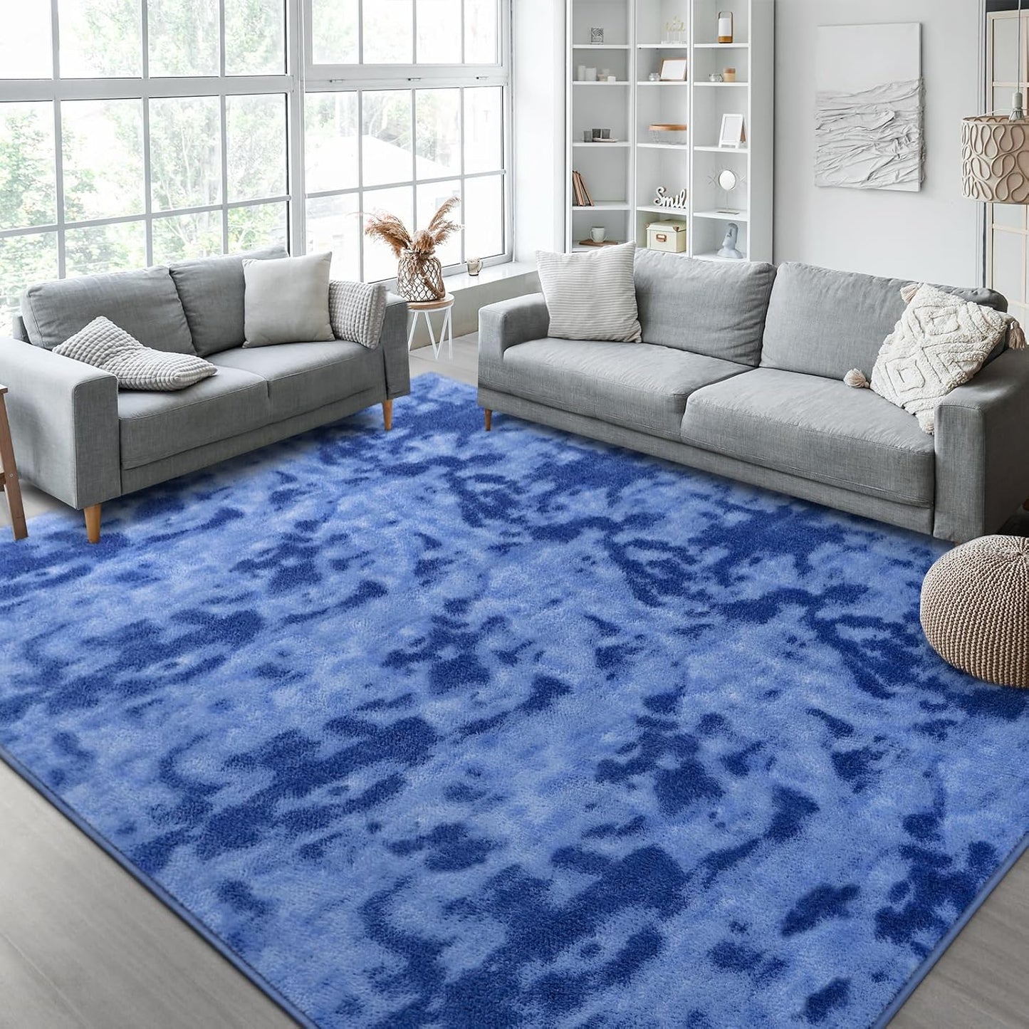 Kimicole 6x9 Washable Area Rugs for Living Room Bedroom, Large Low Pile Ulta-Thin Solid Color Rug, Non-Slip Soft Fluffy Carpet for Nursery Kids Room Dorm Room Home Decor (Blue)