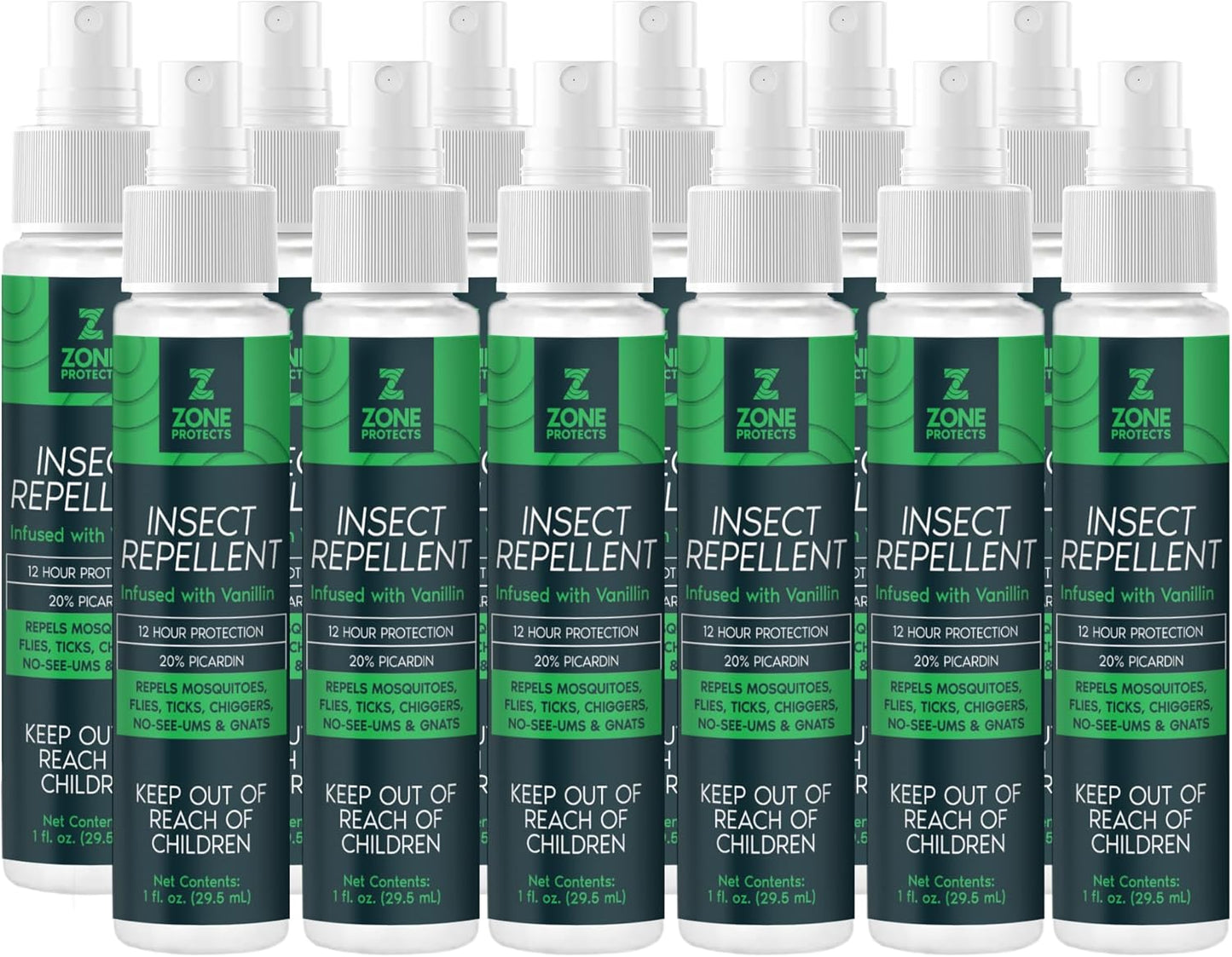 Scented Picaridin Insect Repellent; Twelve 1oz Mist Spray Bottles; 12-hr Proven Protection; Ticks, Mosquitoes, No-Seeums, Gnats and Chiggers
