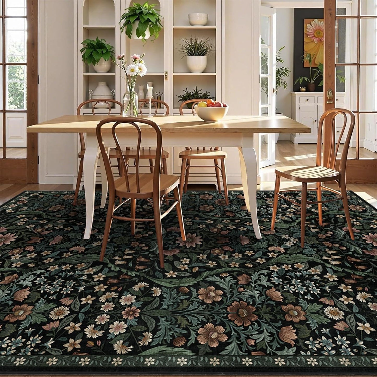 5×7 Black Washable Floral Area Rug,Vintage Boho Soft Low-Pile Living Room Rugs, Stain Resistant Botanical Non-Slip Carpet for Bedroom,Dining Room, Kids Nursery,Home Decor