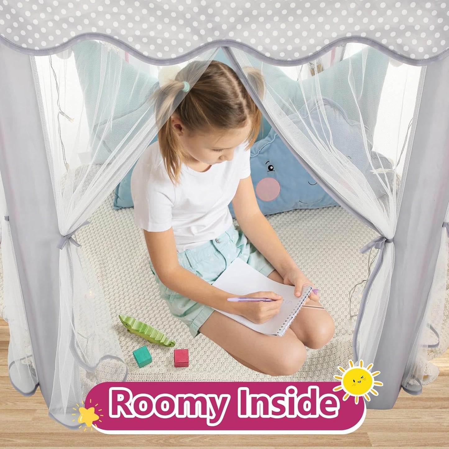 Monobeach Princess Tent Girls Large Playhouse Kids Castle Play Tent with Star Lights Gift Toy for Children Indoor and Outdoor Games, 55'' x 53'' (DxH) (Grey)