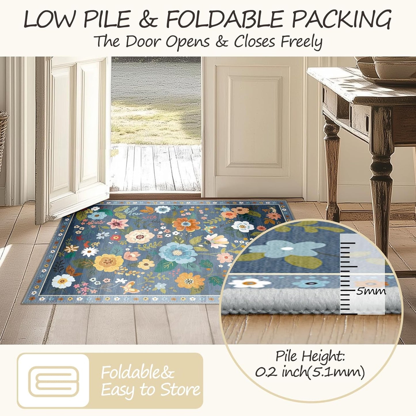 Floral 6ft Area Rug Machine Washable Soft Print Boho Carpet Non Slip Doormat Low Pile Flower Area Rugs for Living Room Bedroom Nursery Kitchen Dining Room Indoor-Blue/Grey