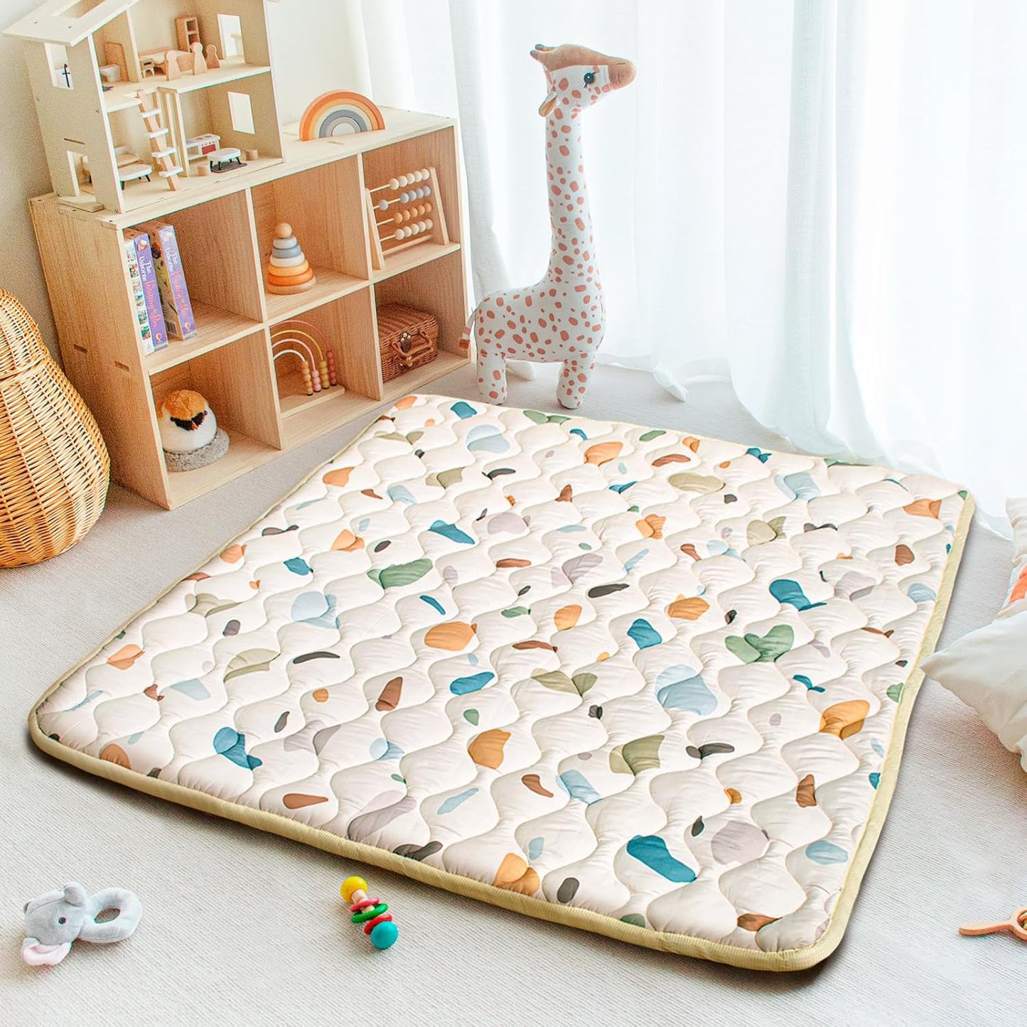 Baby Play Mat, 50x50 Playpen Mat with Super Soft Touch, Activity Playmat with Upgraded Anti-Slip Bottom, Machine Washable Crawling Mat for Floor & Picnic(Boho Color Blocks)