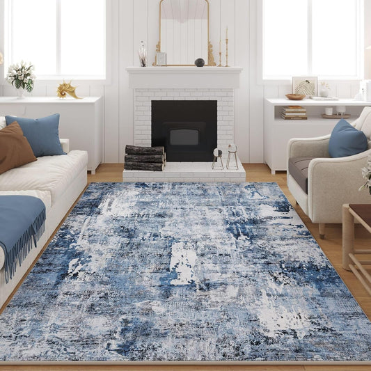 8x10 Rug Washable Boho Rug Soft Large Area Rug Non-Slip Non-Shedding Faux Wool Vintage Rug for Living Room, Farmhouse, Dining Room, Indoor, Kids Playroom, Blue