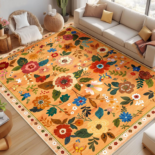 Floral 9x12 Area Rug Machine Washable Soft Print Boho Carpet Non Slip Doormat Low Pile Flower Area Rugs for Living Room Bedroom Nursery Kitchen Dining Room Indoor-Yellow/Orange