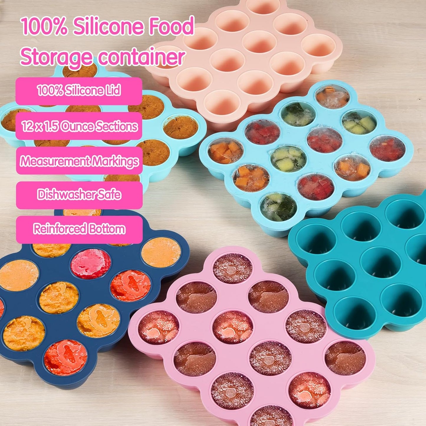 Baby Food Storage - 12 x 1.5 Ounce Silicone Freezer Tray with Lid, Perfect for Homemade Baby Food, Vegetables & Fruit Purees, Breast Milk - Pink