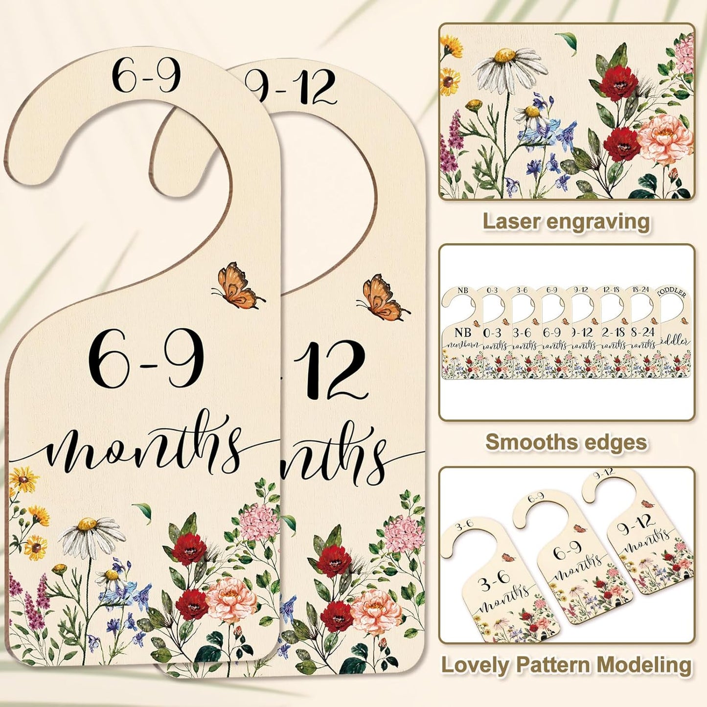 Whaline 8Pcs Vintage Wildflower Hanging Wood Baby Closet Size Dividers and Organizer - Newborn to 24 Months - Thicken Wardrobe Organizer for Home Nursery