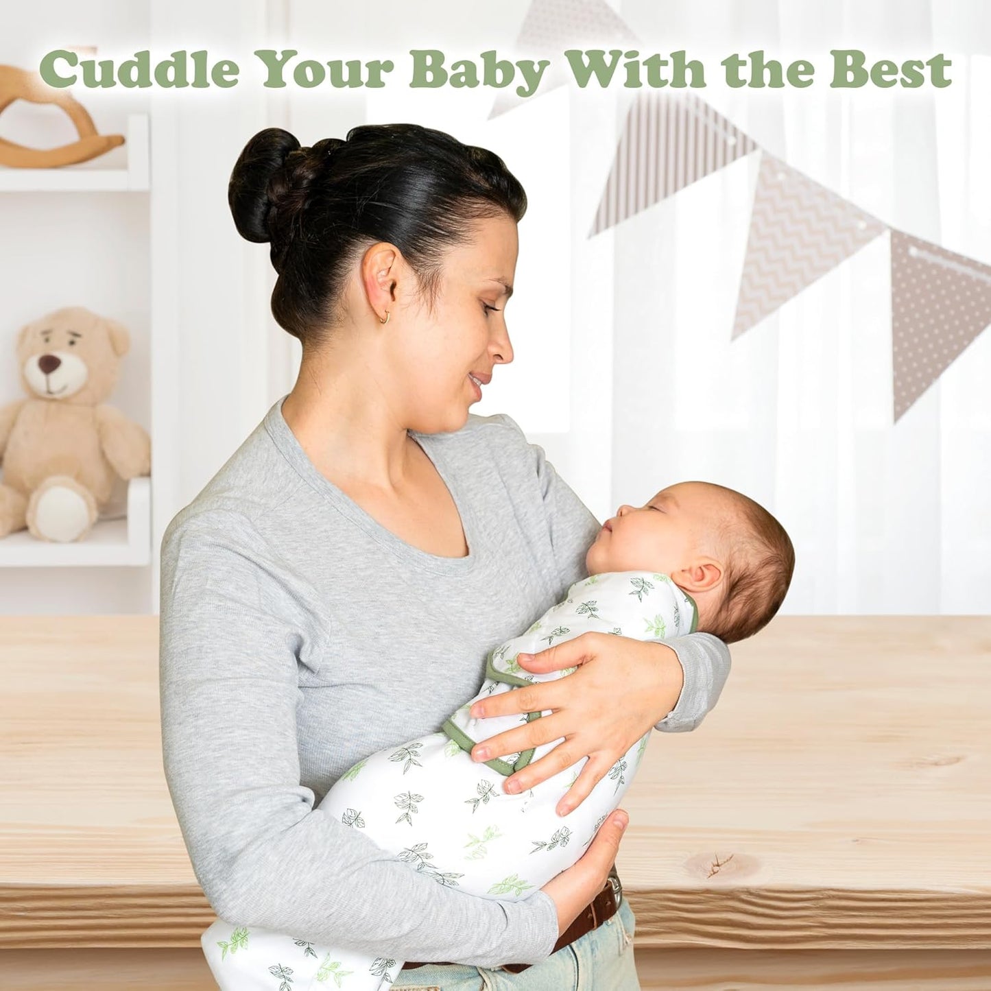 Bublo Baby Swaddles for Newborns – 3-Pack Infant Swaddles 0-3 Months – Adjustable Swaddle Sleep Sack – Soft Organic Cotton Baby Wrap for Safe & Cozy Sleep (Green Leaf)