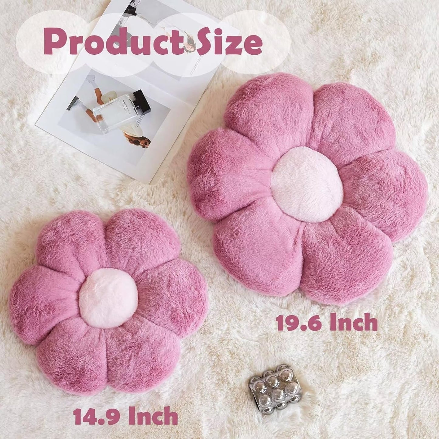 Dusty Purple Flower Pillow, Cute Decorative Flower Shaped Throw Pillow with Faux Rabbit Fur, 14.9" Soft Flower Plush Throw Pillow Floor Pillows Room Décor for Bedroom Living Room